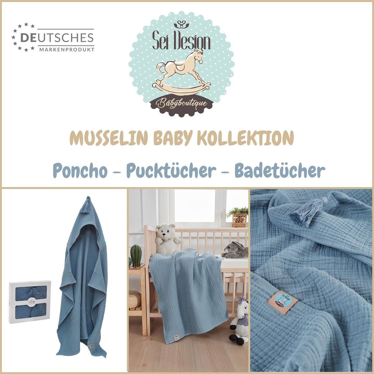 BIO - Design Baby-Badeponcho Musselin Baumwolle jeans Musselin 75x100 Kapuzenhandtuch cm, BIO (1-St), 4-lagig 100% SEI
