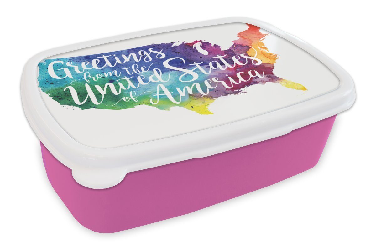 MuchoWow Lunchbox Bunte Karte USA mit Zitat, Kunststoff, (2-tlg), Brotbox für Erwachsene, Brotdose Kinder, Snackbox, Mädchen, Kunststoff rosa