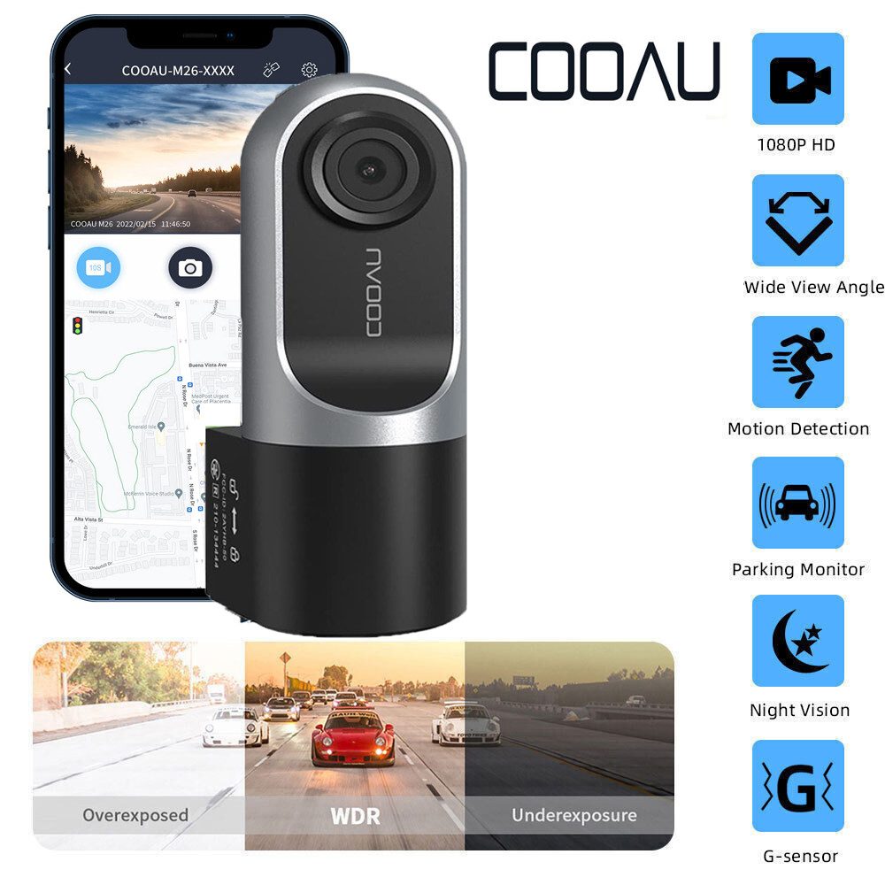 COOAU Hochauflösende 1080P Dashcam Auto Vorne Autokamera Dashcam (HD, WLAN (Wi-Fi), Loop-Aufnahm,WDR,24 Std. Parkmodus und Bewegungserkennung,G-Sensor, Infrarot Nachtsicht,150° Weitwinkel Dash Cam,App-Steuerung,Sprachalarm)