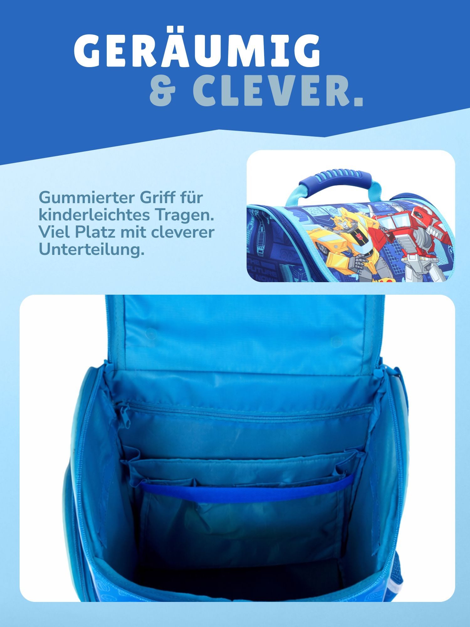 Familando Schulranzen Transformers 1.-4. Klasse ergonomisch, leicht, Volumen 15 Liter (Set, 10-tlg., inkl. Sporttasche und Schultüte / Zuckertüte 85cm), Transfo – Bild 5 von 5