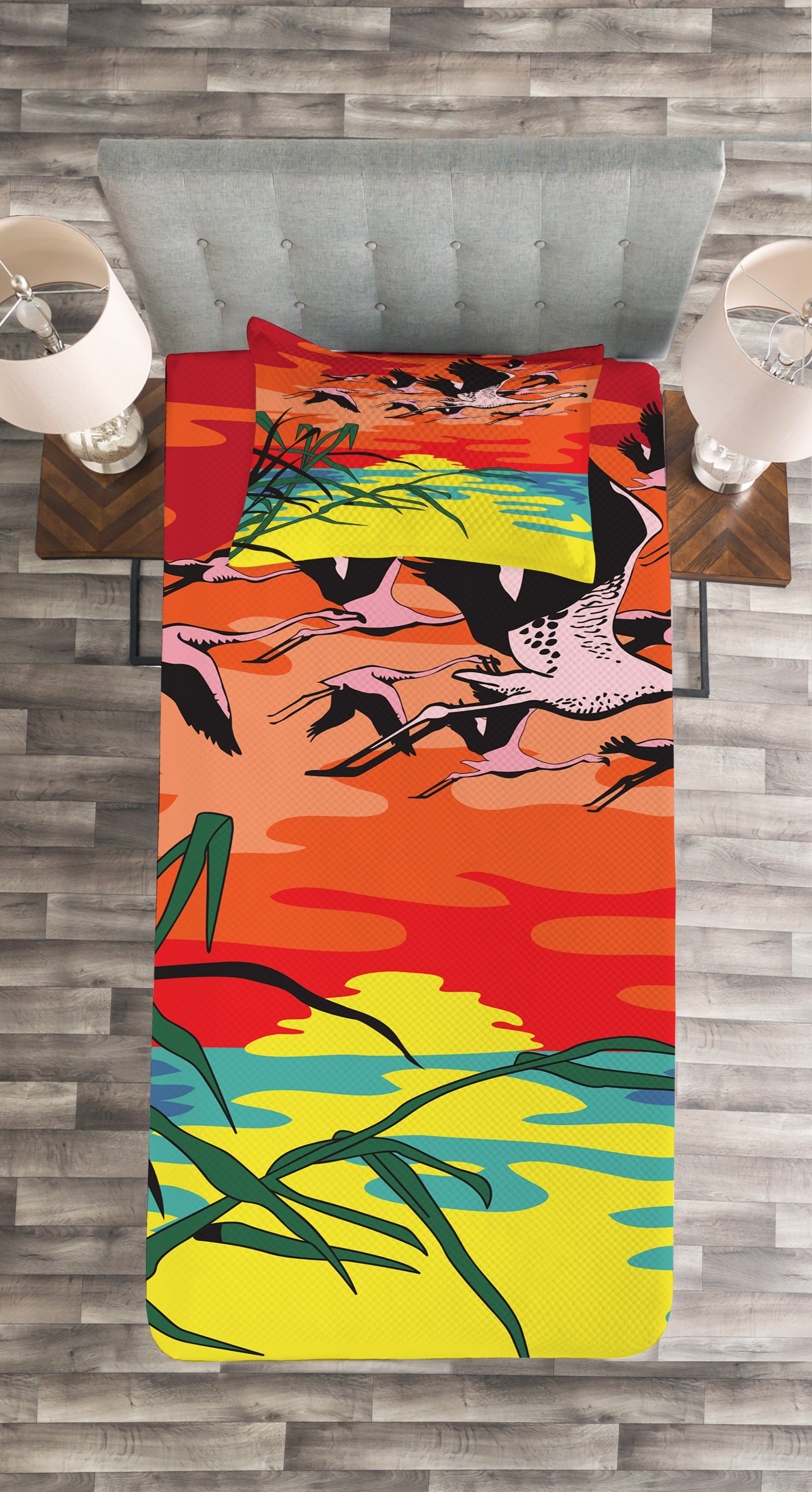 Luft Abakuhaus, Set der Waschbar, Tagesdecke mit Kissenbezügen Flamingo Vögel Kunst in