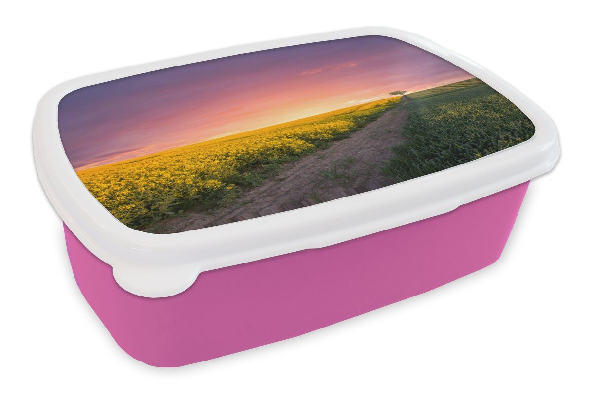 MuchoWow Lunchbox Blumen - Straße - Himmel - Gelb - Lila - Sonnenuntergang - Natur, Kunststoff, (2-tlg), Brotbox für Erwachsene, Brotdose Kinder, Snackbox, Mädchen, Kunststoff rosa