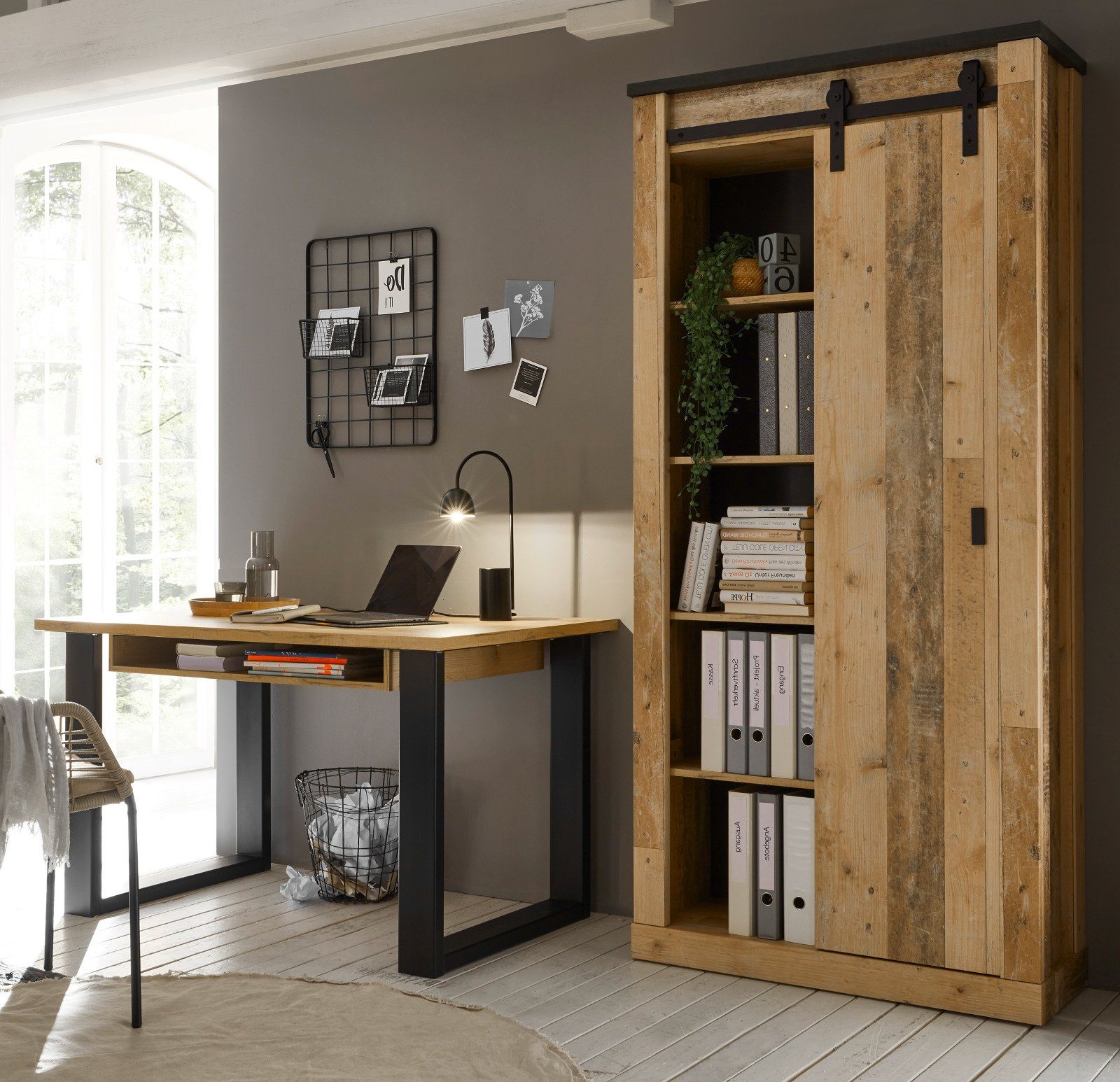 Furn.Design Büromöbel-Set Stove, (in Used Wood Altholz Dekor, 2-teilig mit Büroschrank und Schreibtisch), 11 Fächer, mit Schiebetür