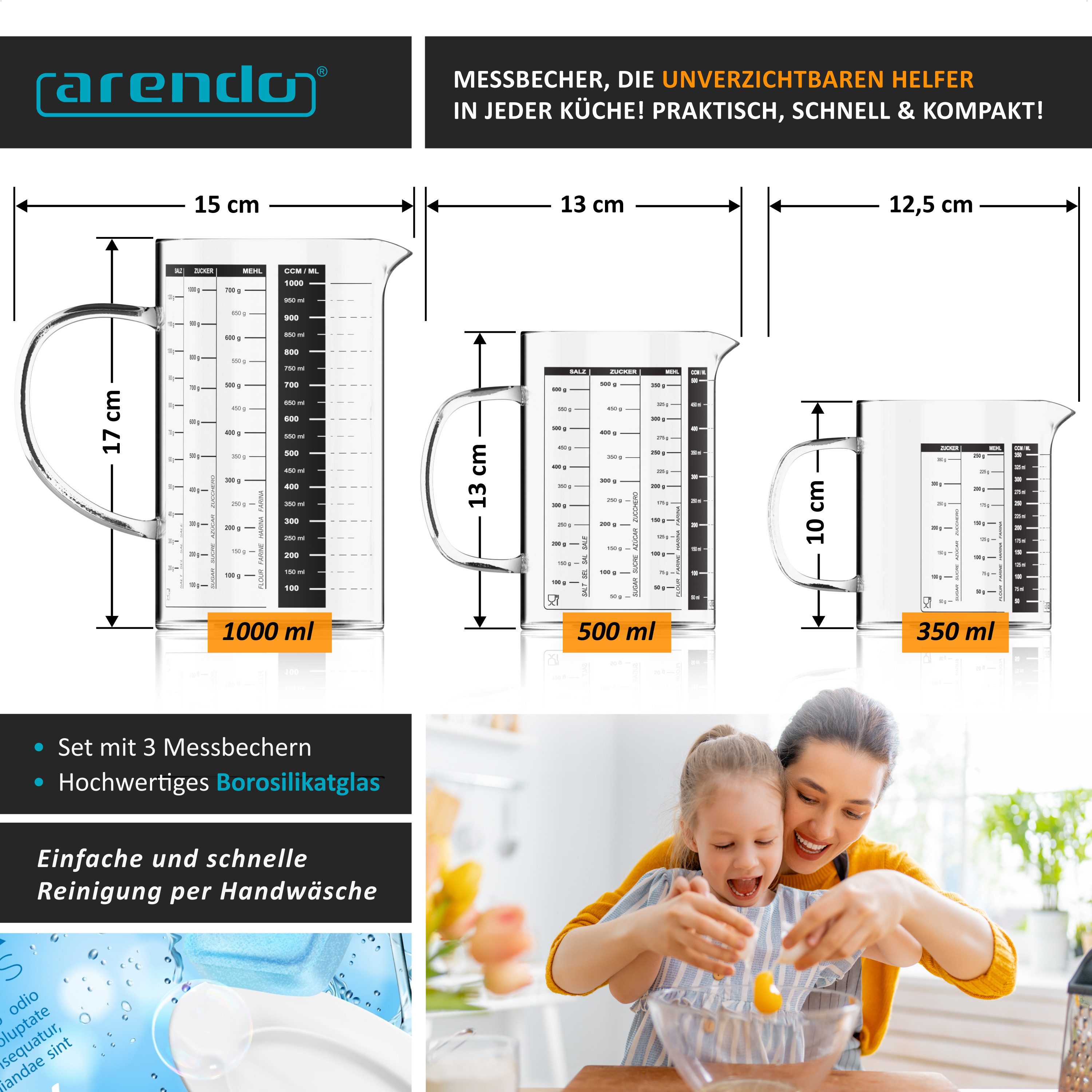 Arendo Messbecher 350ml, 500ml & 1000ml Glas Messkrug Set, Borosilikat, Ausguss & Henkel, Glas, (Set, 3-St., 3x Rührbecher: 0,35 L / 0,5 L / 1 L), Küchenbehälter mikrowellengeeignet für Mehl Zucker Gewürze Süßigkeiten