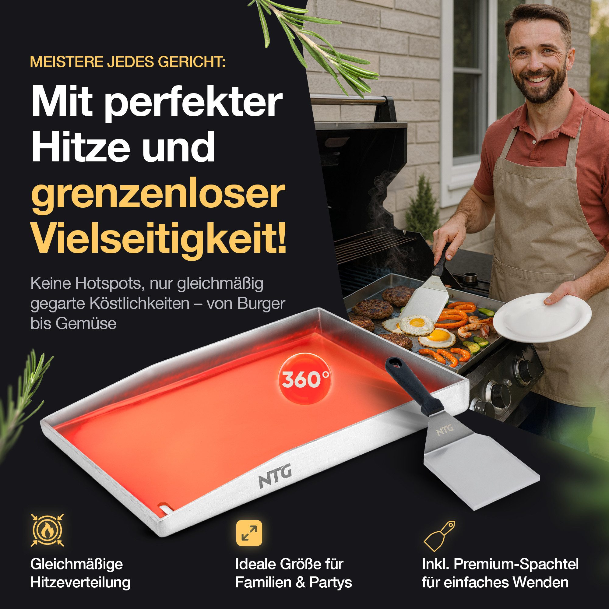 NTG Nutzfahrzeug Technik GmbH Grillplattenaufsatz Plancha Grillplatte Edelstahl 40×30cm Spachtel I Rostfrei+formstabil, Edelstahl