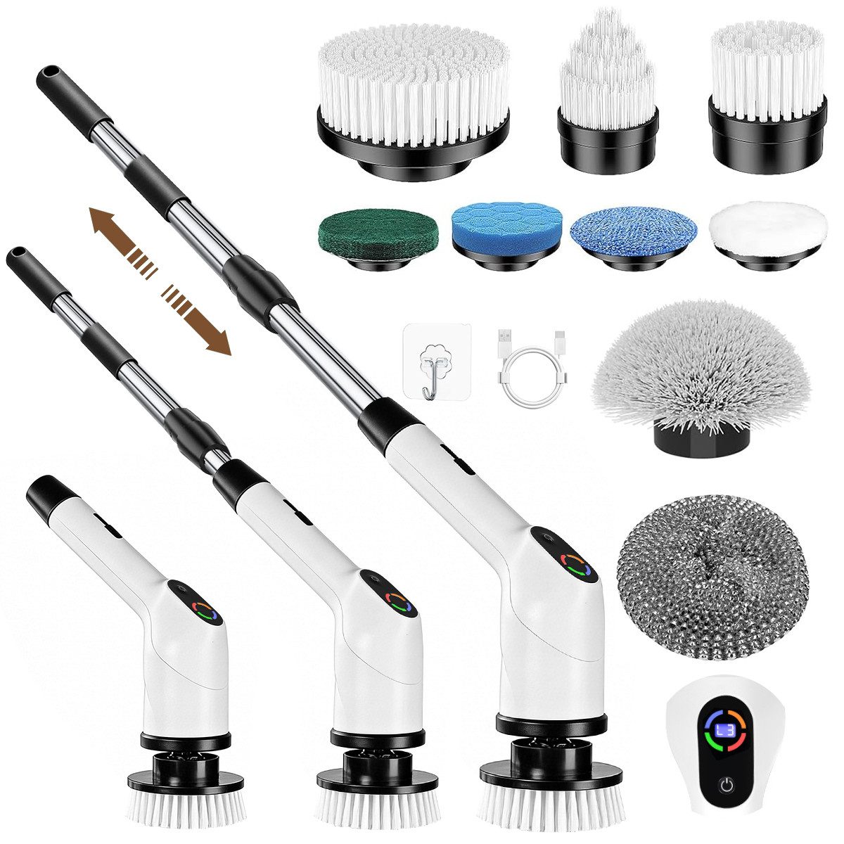 Welikera Akku-Oberflächenbürste Elektrische Reinigungsbürste mit 8 austauschbaren Bürstenköpfen, Set, skalierbar,wasserdichter,Reinigungsbürste für Badezimmer,Boden,Küche