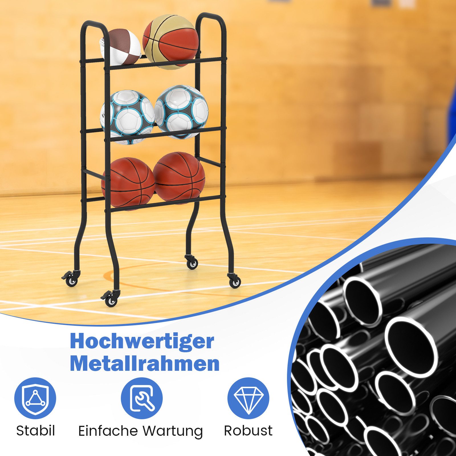 COSTWAY Sportgeräte-Regalwagen, Basketball Regal mit 4 Universalrädern, Metallrahmen