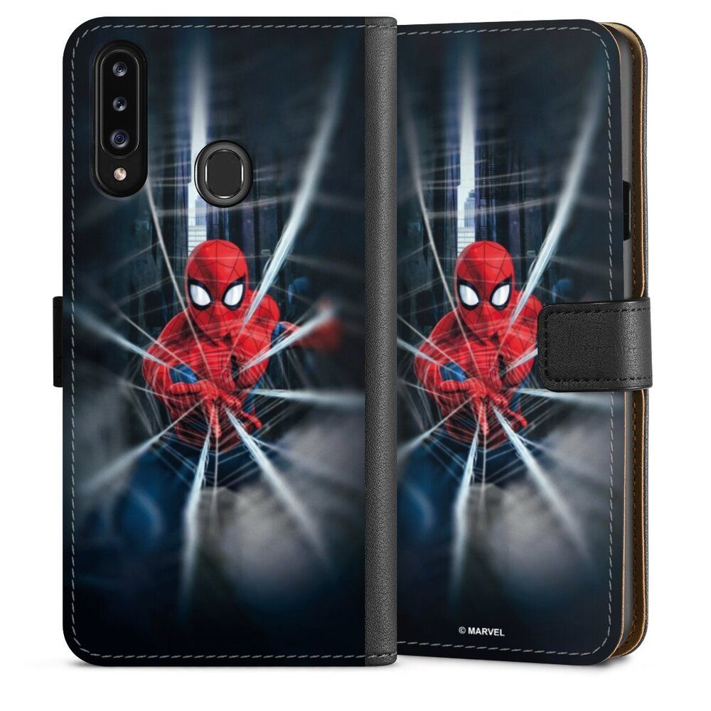 DeinDesign Handyhülle Marvel Spider-Man Kinofilm Spider-Man Webs In Action, Samsung Galaxy A20s Hülle Handy Flip Case Wallet Cover