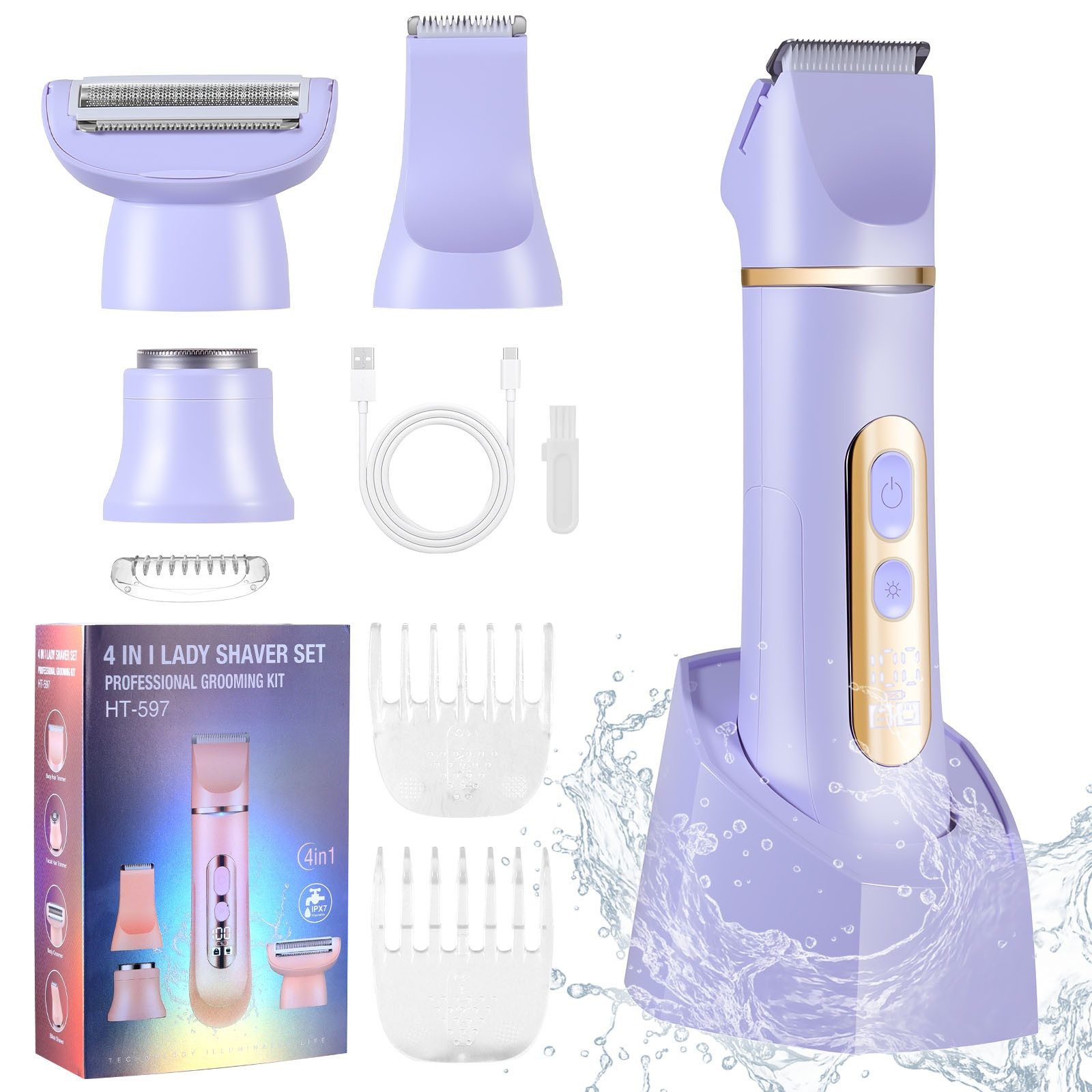 HATTEKER Epilierer HT-597, Aufsätze: 1 St., Rasierer für Damen, Trimmer, Gesichtstrimmer, 4-in-1, wasserdicht