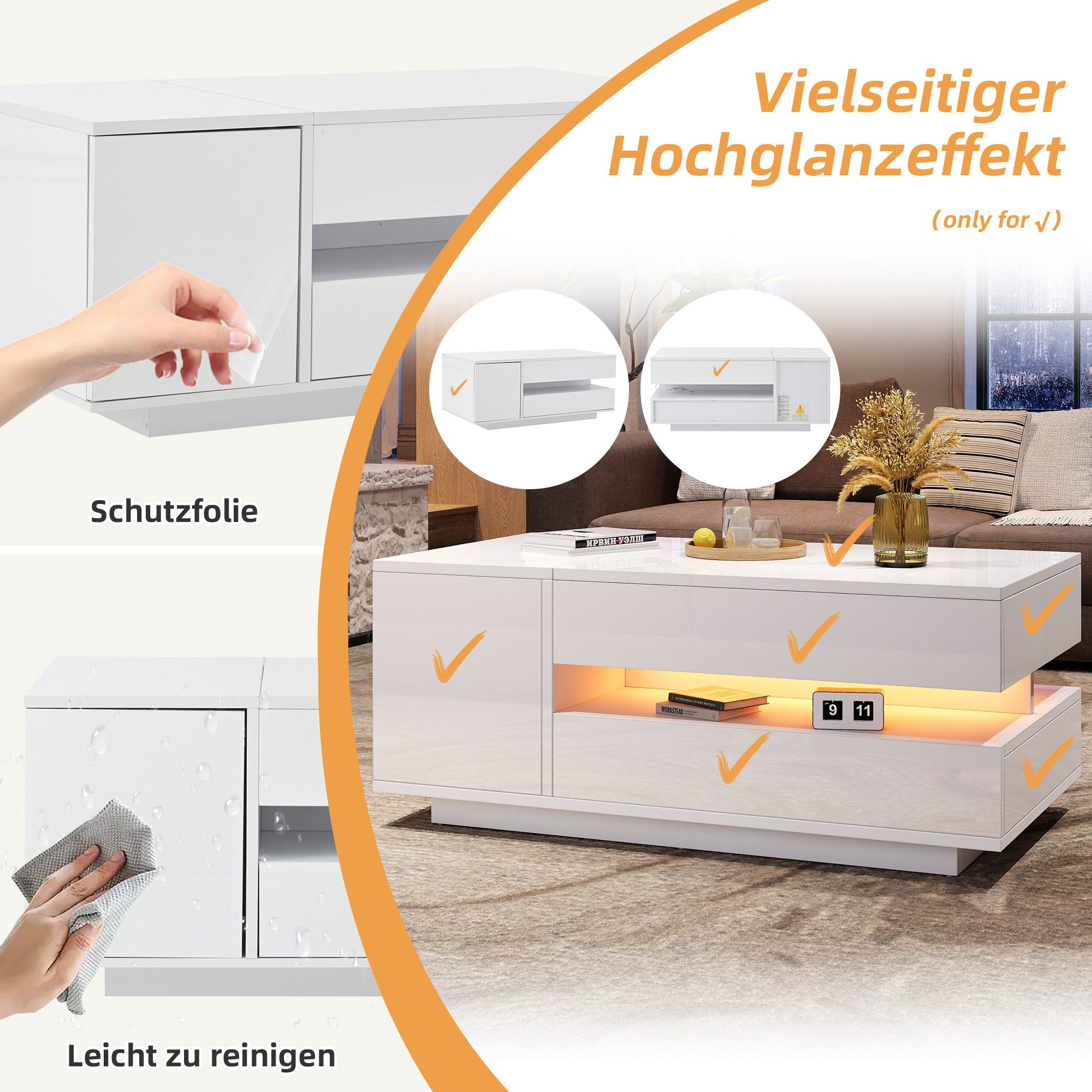 Merax Couchtisch anhebbarer Sofatisch hochglanz Beistelltisch mit LED-Beleuchtung (hydraulische Hebefunktion, modern & funktional, 1-St., Höhenverstellbare Tisc – Bild 5 von 5