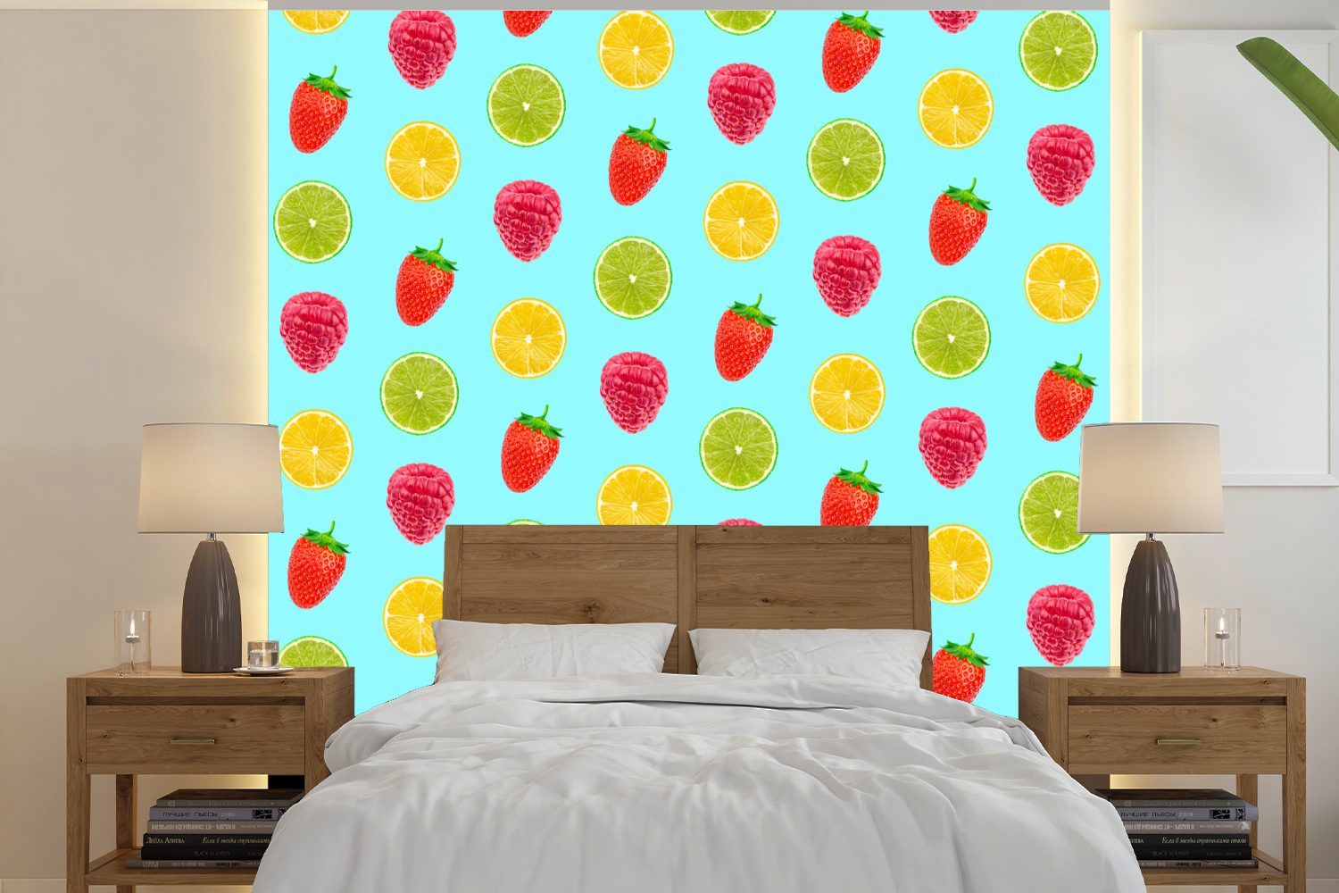 MuchoWow Fototapete Obst - Muster - Farbe, Matt, bedruckt, (5 St), Vinyl Tapete für Wohnzimmer oder Schlafzimmer, Wandtapete
