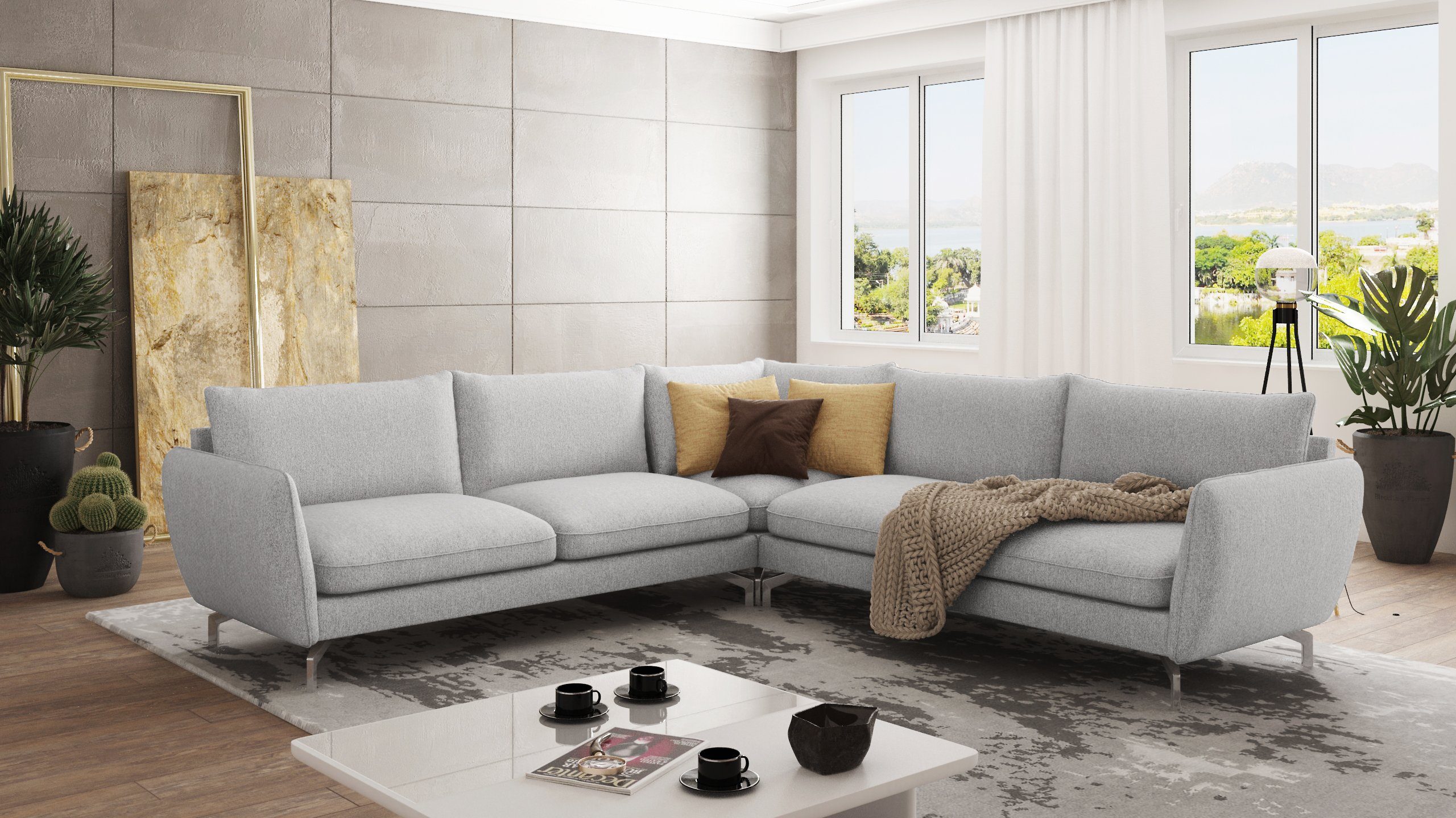 S-Style Möbel Ecksofa Modernes Benita mit Silber Metall Füßen, mane links oder rechts bestellbar, mit Wellenfederung