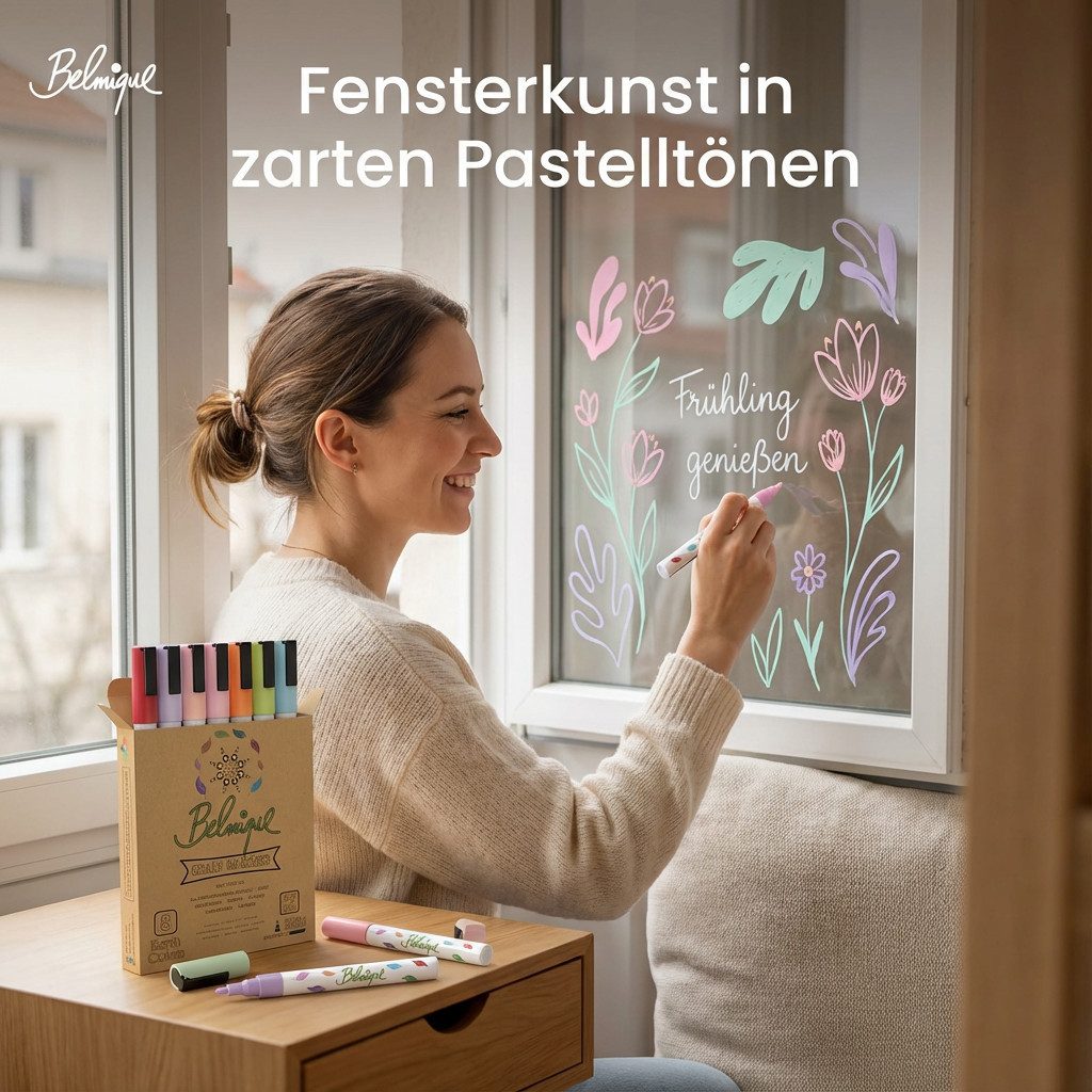 Belmique Malkreide Kreidemarker - Kreidestifte Pastellfarben, (Set, 8-tlg), Ideal für Tafel, Fenster, Whiteboard - Feine Rund-& Schrägkeilspitze