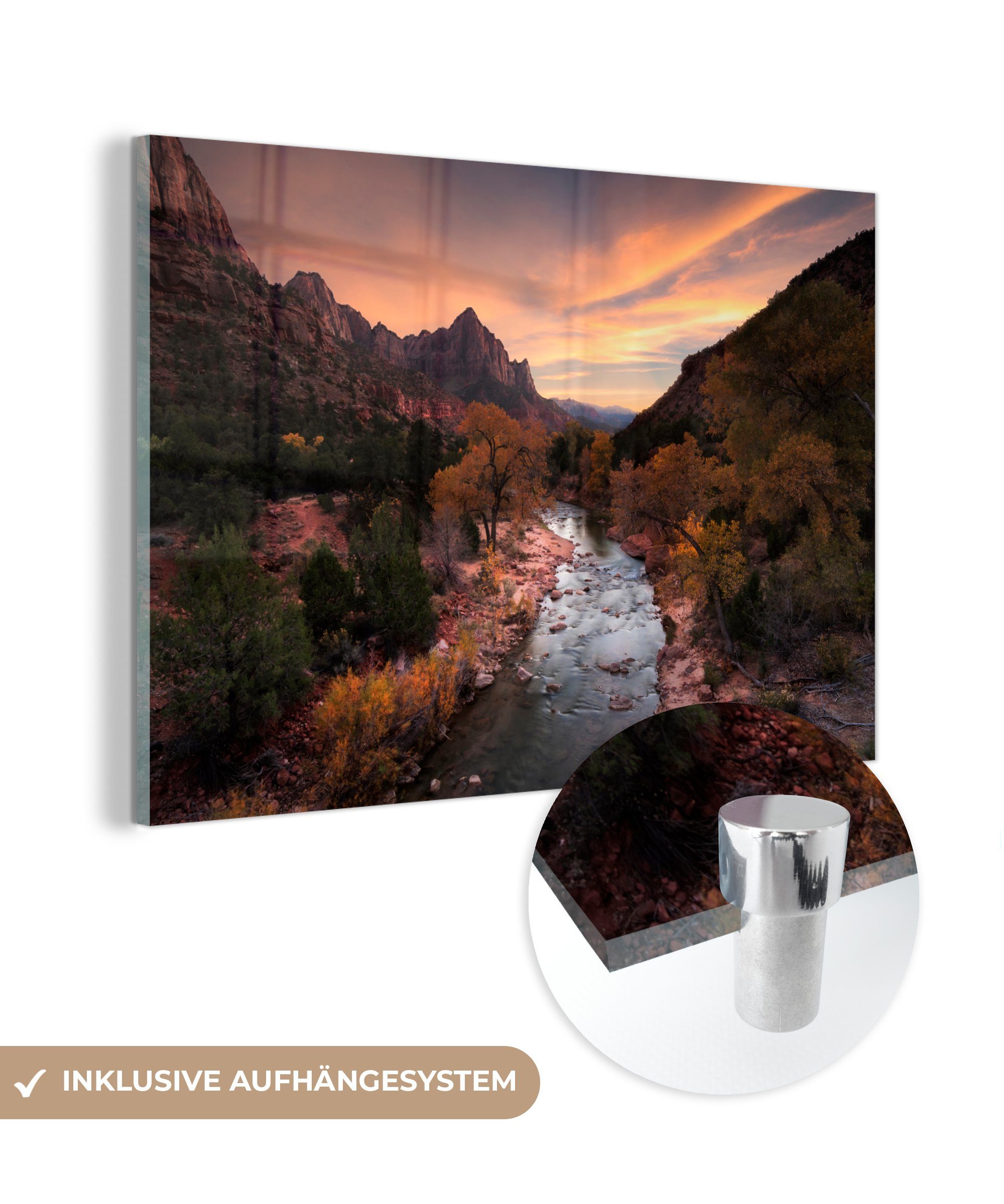 MuchoWow Acrylglasbild Zion - Fluss - Baum - Sonnenuntergang, (1 St), Acrylglasbilder Wohnzimmer & Schlafzimmer