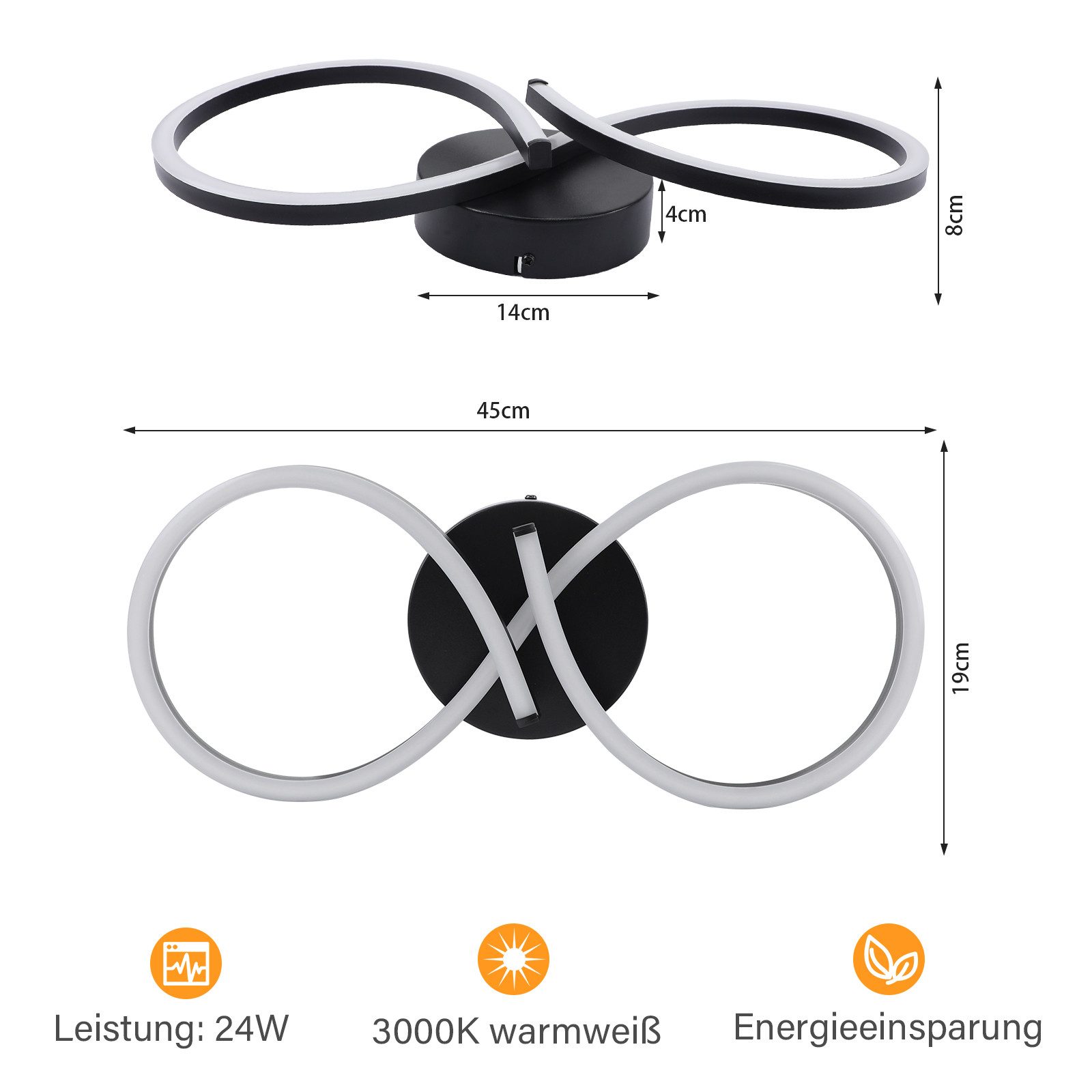ZMH LED Deckenleuchte Wohnzimmer 8-förmige Schwarz/Weiß Deckenlampe 12/24W 3000K Flur, Augenschutz, Einfache Installtion, LED fest integriert, Warmweiß, Modern praktische Schlafzimmerlampe Küche