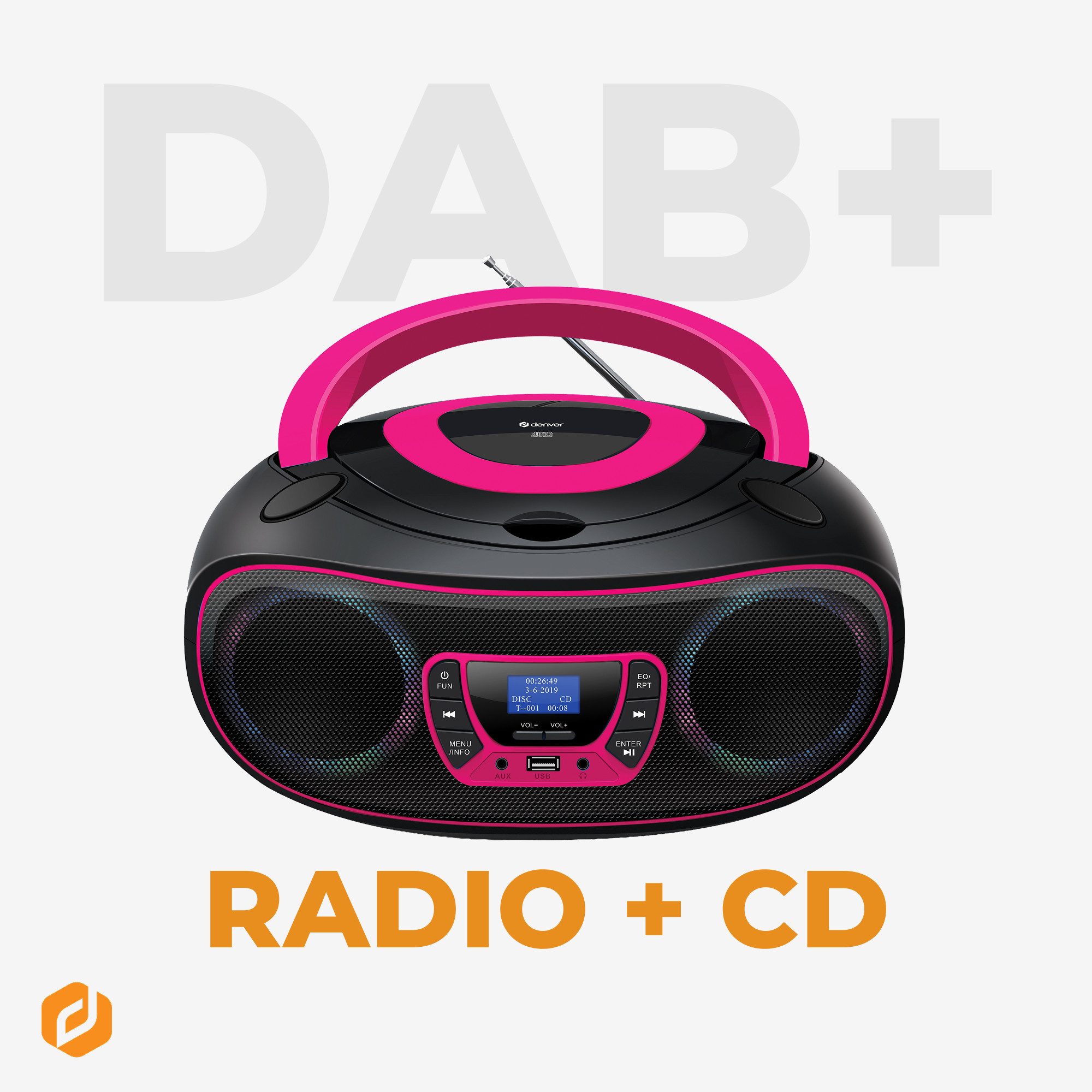 Denver TDB-212P CD-Player (Bluetooth, DAB+/FM Radio, MP3 via USB,& AUX, Musik Streaming über Bluetooth, CD-Player, Bluetooth, 2 x 18W Output, Batterie- oder Netzbetrieb möglich)