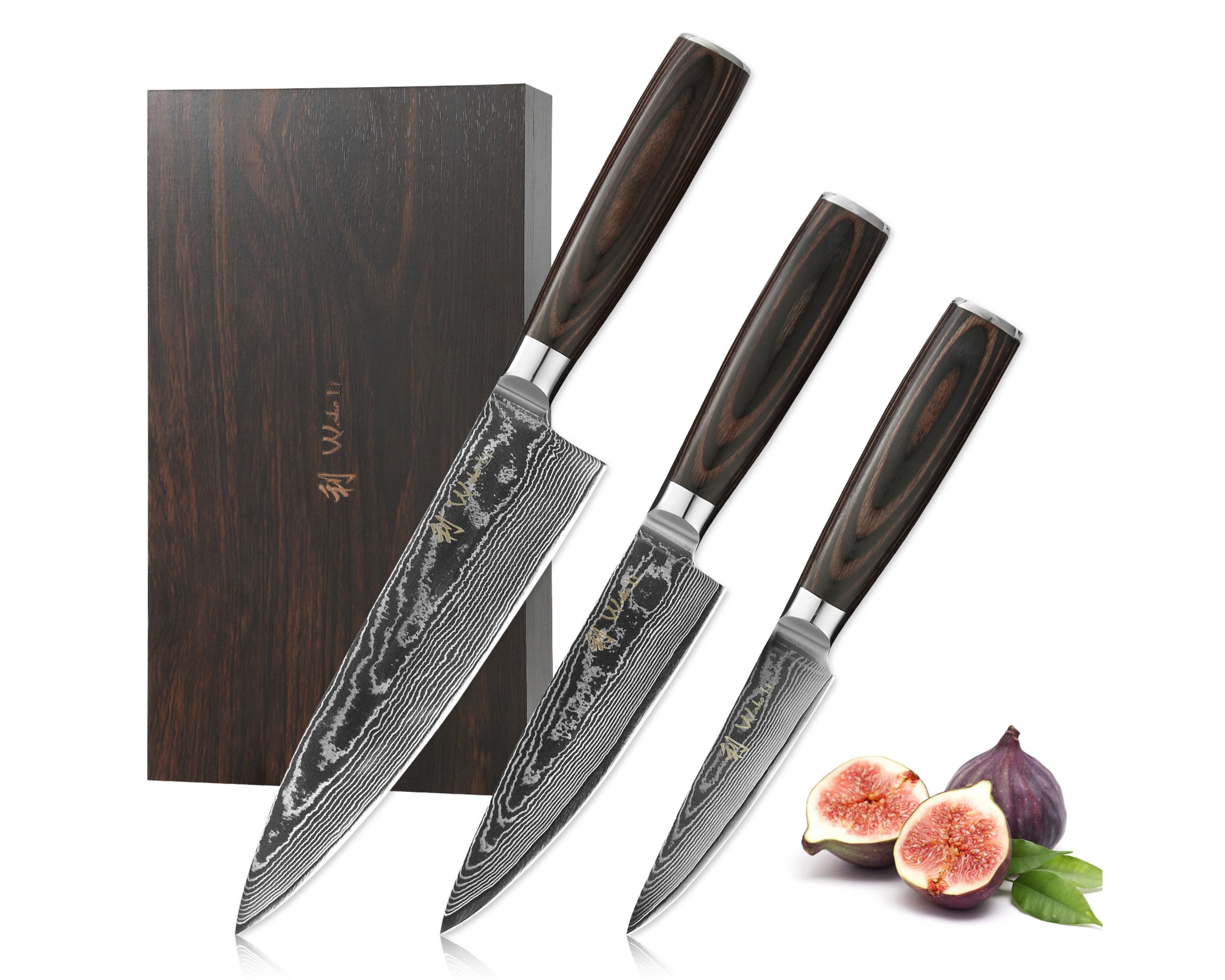 Wakoli Messer-Set EDIB Essentials 3er Damastmesser-Set Küchenmesser Kochmesser (Damastmesser mit Geschenkbox, 3-tlg., 3er Chefmesser-Set), VG10 Kern, 67 Lagen Damaststahl, Pakkaholzgriff, inkl. Geschenkbox