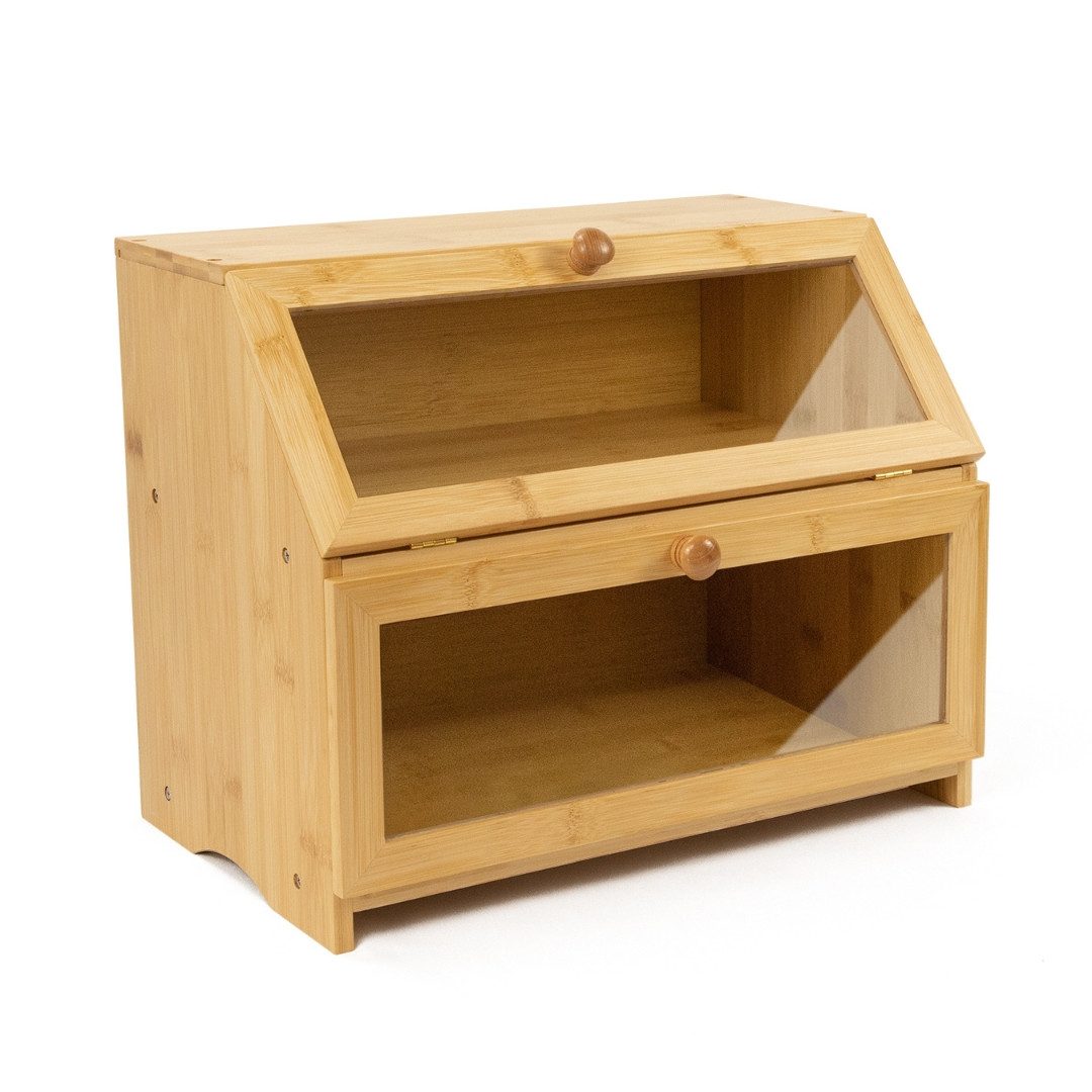 Lacers Brotkasten aus Bambus mit 2 Etagen & Sichtfenster, Bambus, (Brotkasten, Zweistöckige Ausführung, 39,5x25x32cm, 1 Brotkasten), Platzsparende Brotaufbewahrung. Aus nachhaltigem Bambus gefertigt