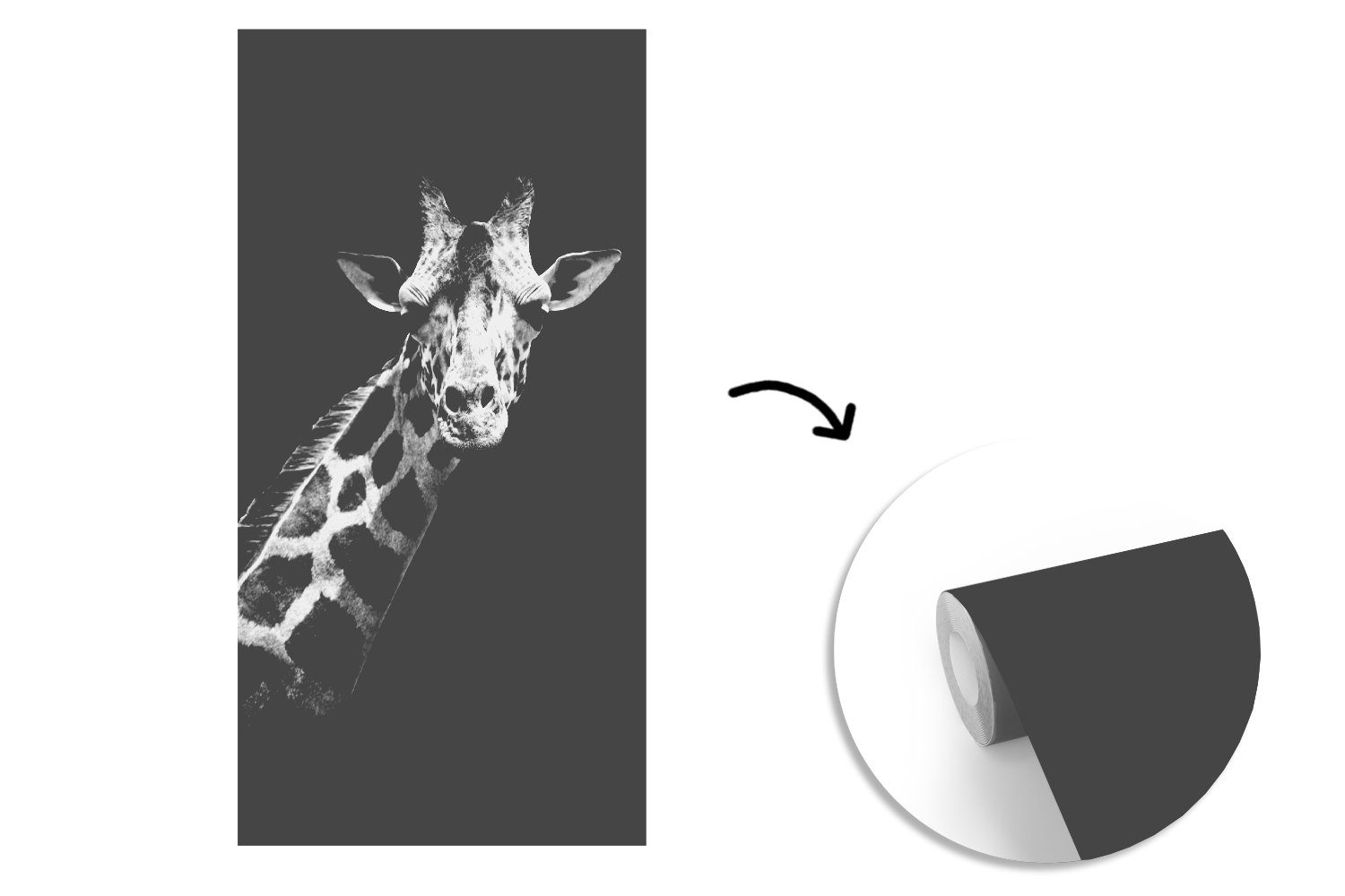 Porträt, Fototapete Weiß (2 Matt, bedruckt, - Giraffe Wildtiere Vliestapete Schwarz Küche, Fototapete - Schlafzimmer - Wohnzimmer St), MuchoWow - für