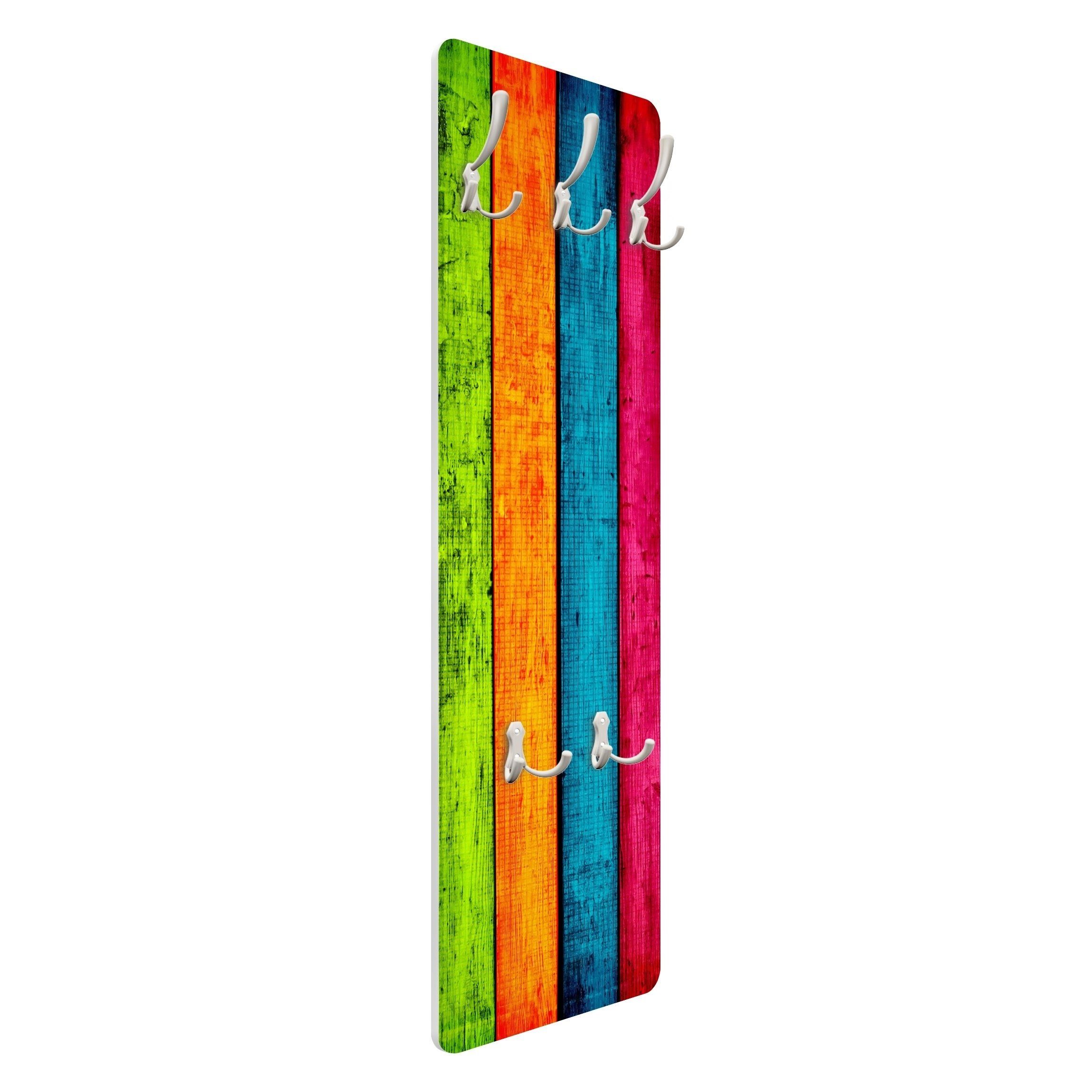 Bilderdepot24 Garderobenpaneel Design Holzoptik Bretteroptik Colourful Palisade (ausgefallenes Flur Wandpaneel mit Garderobenhaken Kleiderhaken hängend), modern – Bild 5 von 5