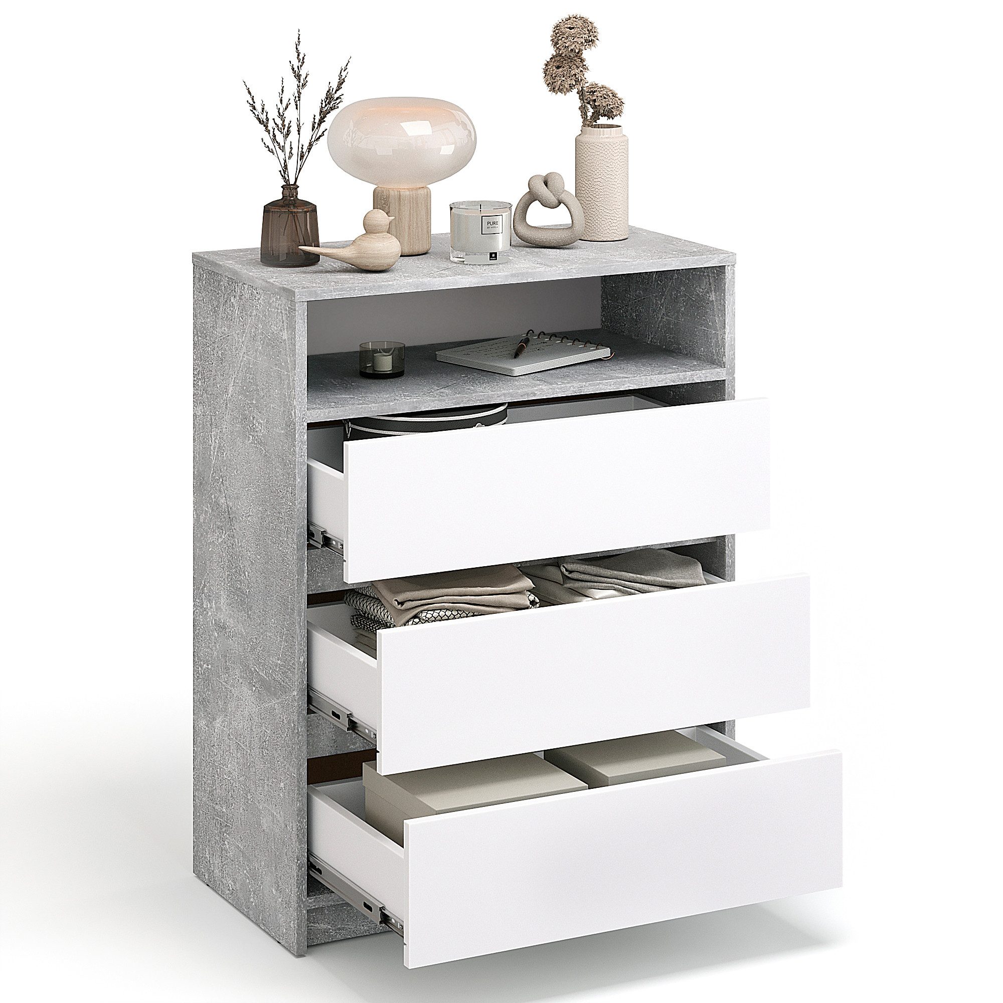 KOMTO Kommode Leon mit 3 Schubladen - Komodenschrank für Schlafzimmer, Schubladenkommode mit 1 offenen Fächern für Wohnzimmer 70 x 37 x 90 cm