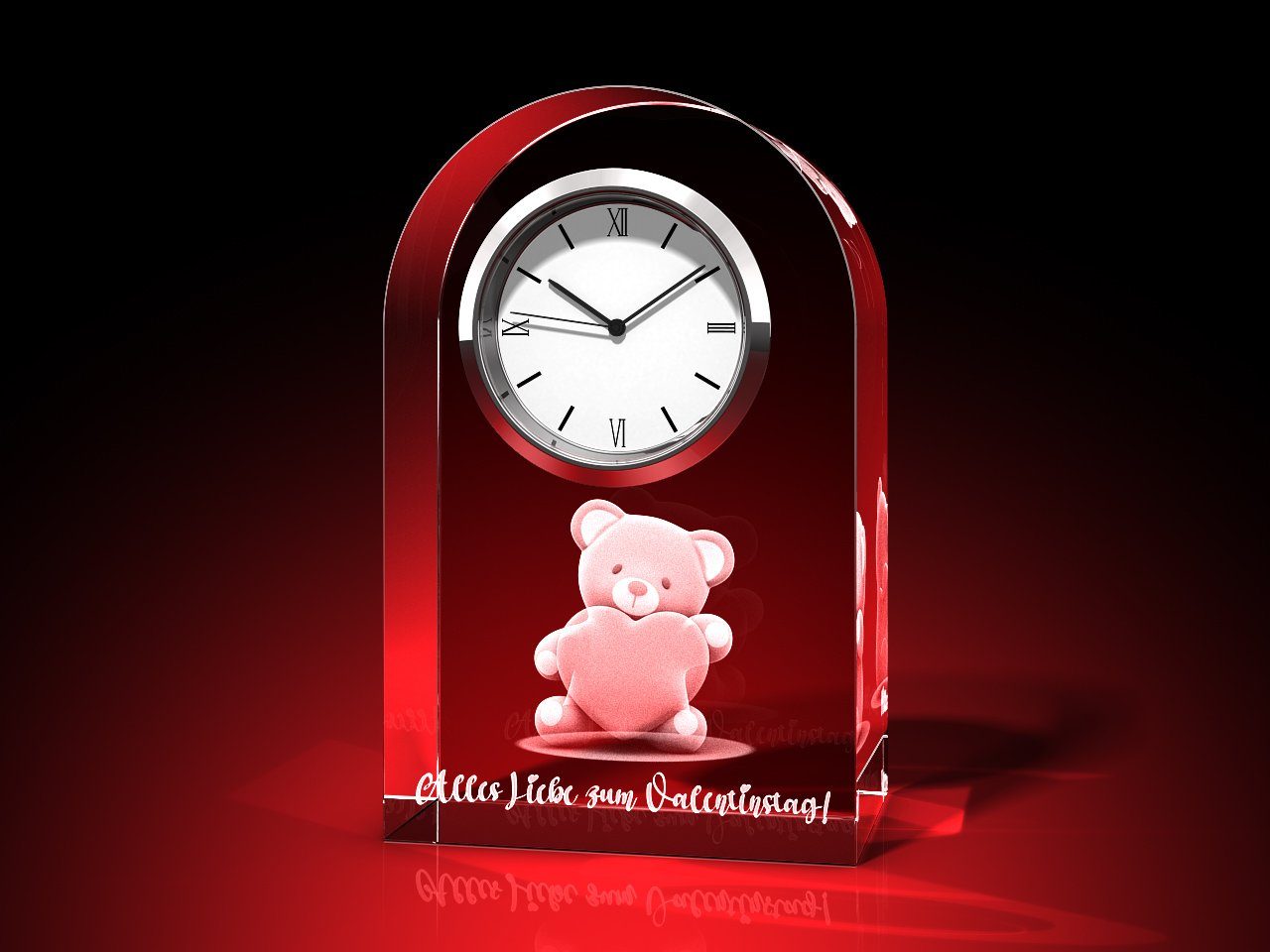 GLASFOTO.COM Tischuhr Bärchen mit Herz + Всеs Liebe – Uhr, Glas rund Valentinstag (B x H x T) 60 x 95 x 40 mm, 550 g