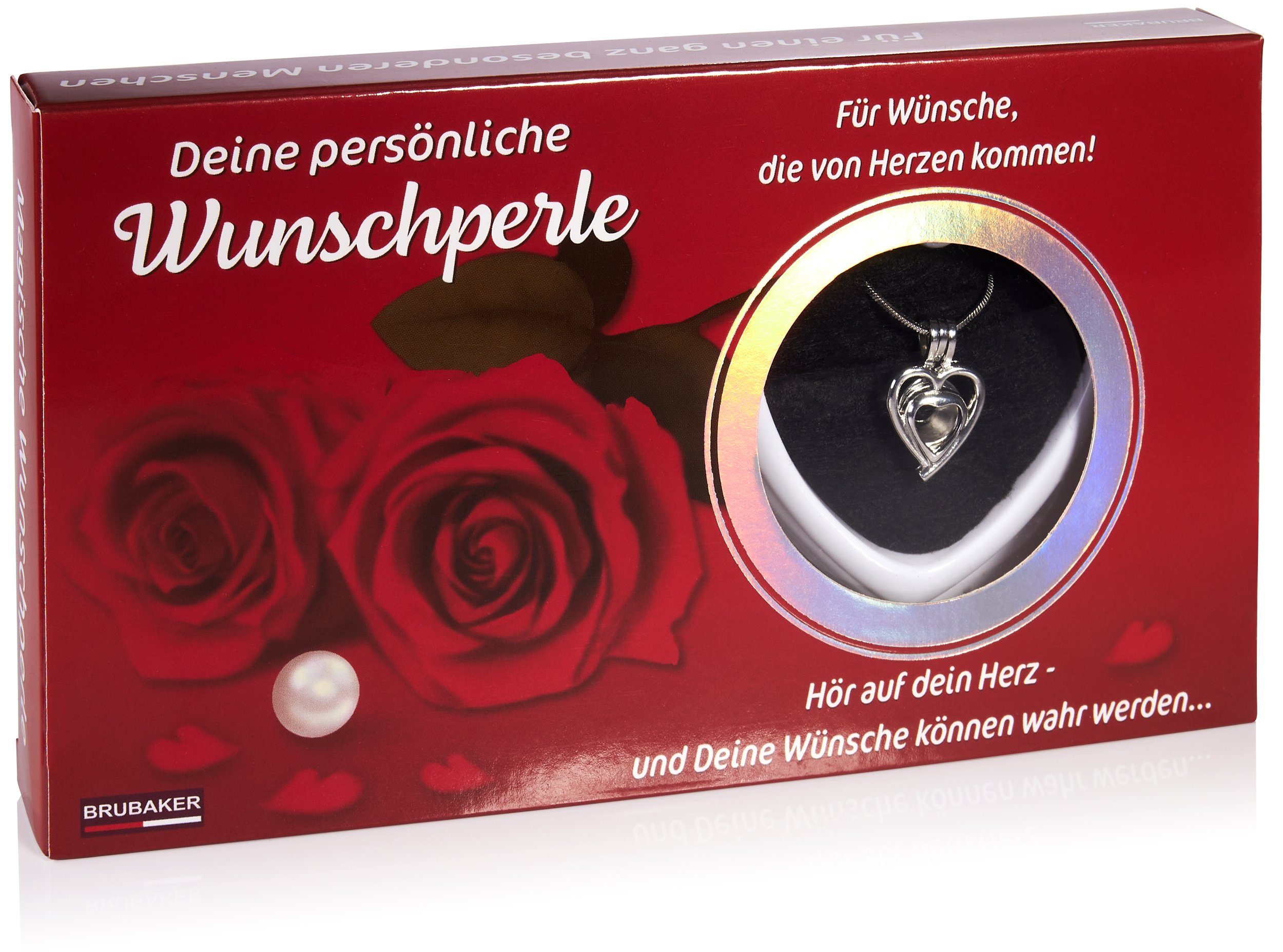 BRUBAKER Perlenketten-Set Herz-Wunschperle für die Erfüllung von Wünschen (4-tlg., Geschenkset mit Silberkette und Muschel), Halskette mit Herz-Anhänger und echter Perle