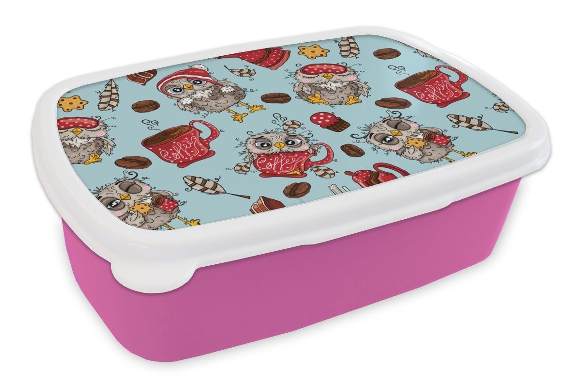 MuchoWow Lunchbox Schnittmuster - Eule - Frühstück, Kunststoff, (2-tlg), Brotbox für Erwachsene, Brotdose Kinder, Snackbox, Mädchen, Kunststoff rosa