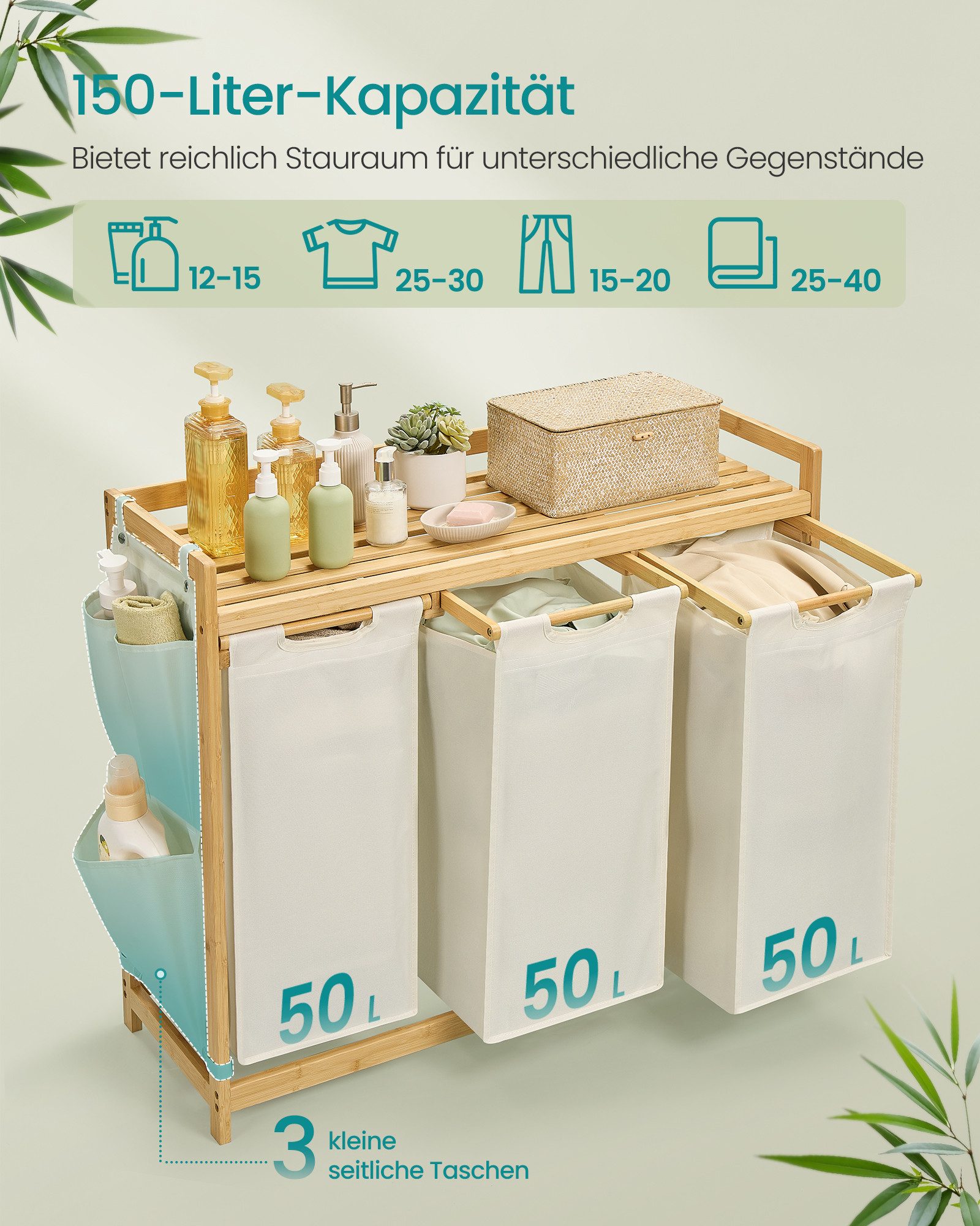 SONGMICS Wäschekorb, 2/3/4 Fächer, Bambus, Wäschesammler 100/150/200 L, Wäschesortierer