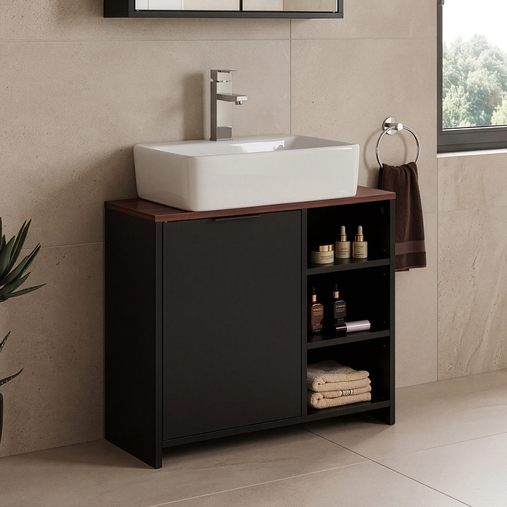 en.casa Waschbeckenunterschrank »Trond« mit Siphonausschnitt 60x66x30 cm Schwarz/Walnussoptik