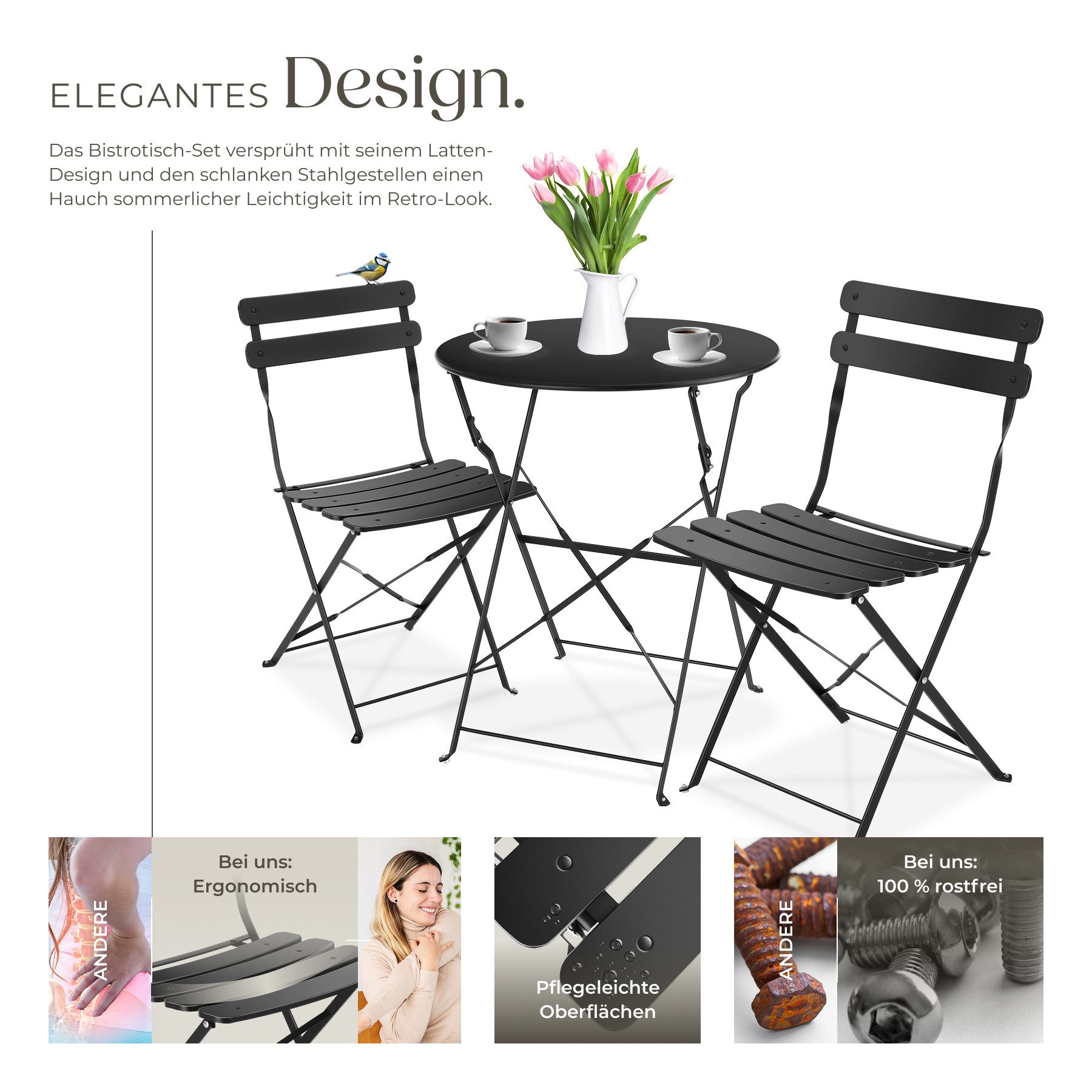 tectake Essgruppe Bistrotisch Set für 2 Personen, Belastbarkeit Stuhl 120 kg, (Bistrotisch Frieda, 3-tlg., in schwarz), klappbar, widerstandsfähig, UV-beständig