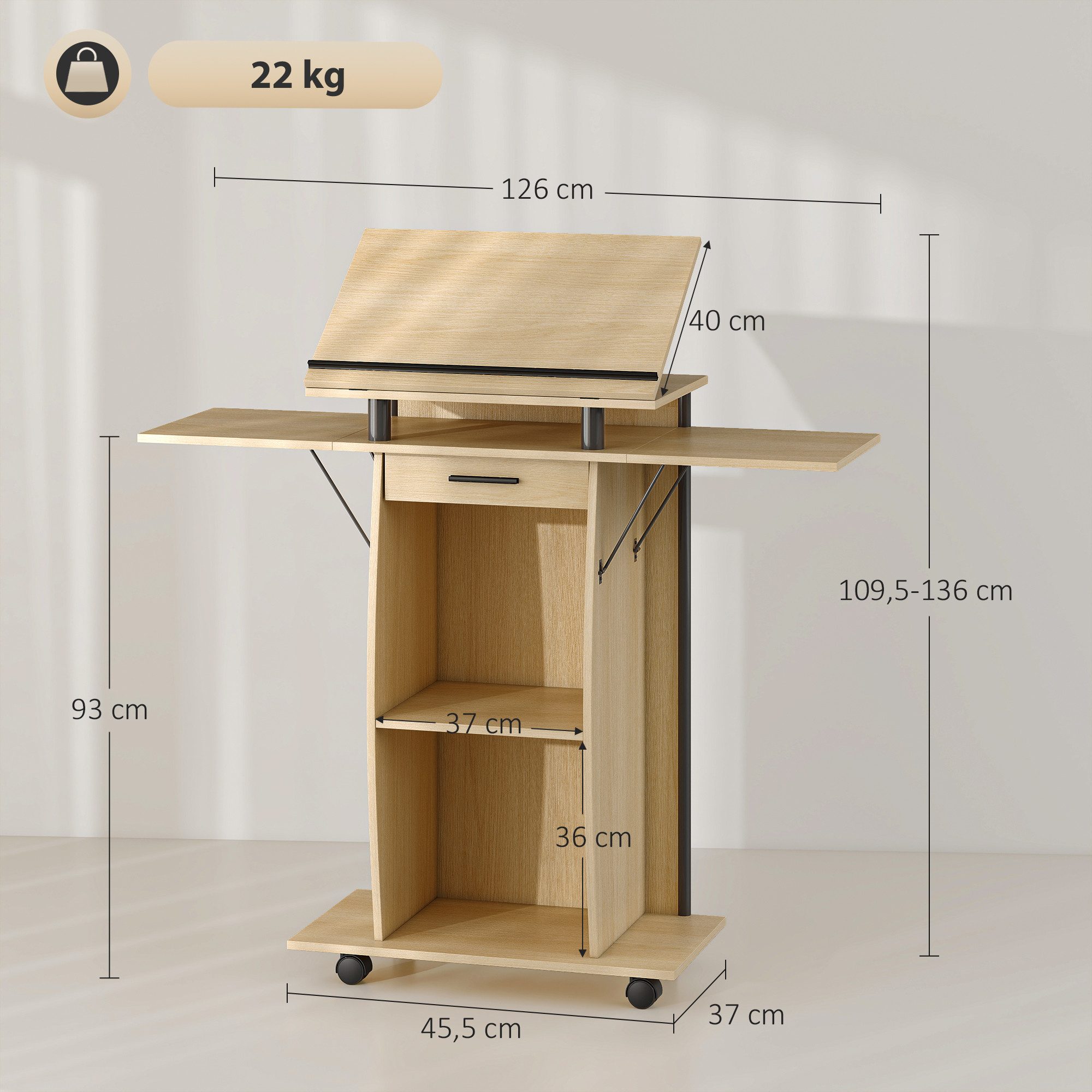 HOMCOM Schreibtisch mit klappbaren Seitenflügeln (Redepult, 1-St., Laptop-Tisch), für Kirche, Vortrag, Klassenzimmer Eiche 126 x 37 x 136 cm