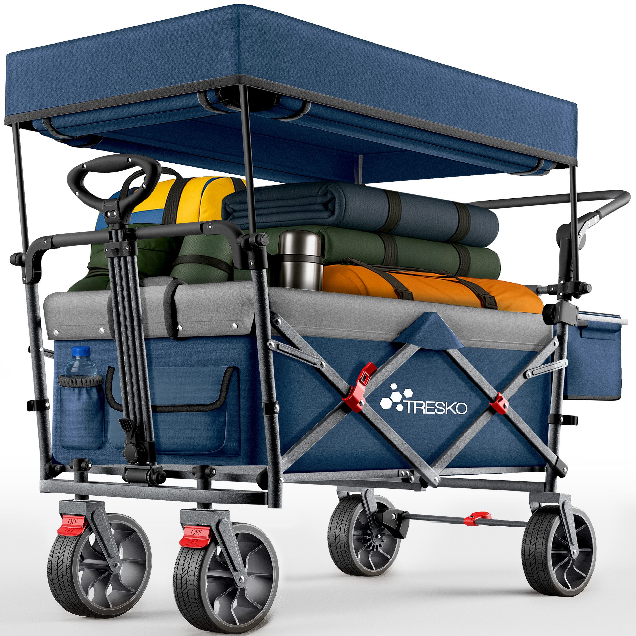 TRESKO Bollerwagen TRESKO Faltbarer Bollerwagen Handwagen (Feststellbremsen (Vorne & Hinten) und 3-Punkt-Gurt, max. belastbar bis 150kg Transportwagen mit Vollgummireifen), Faltbar mit Dach, Kühlfach & Seitenrollos Handwagen