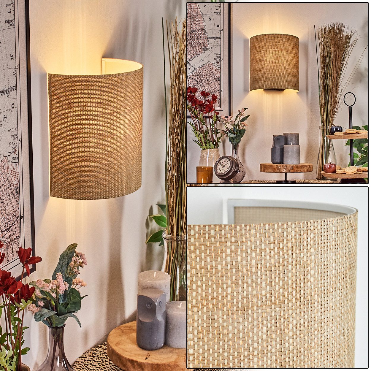 hofstein Wandleuchte Wandlampe aus Metall/Bast/Wienergeflecht in günstig online kaufen