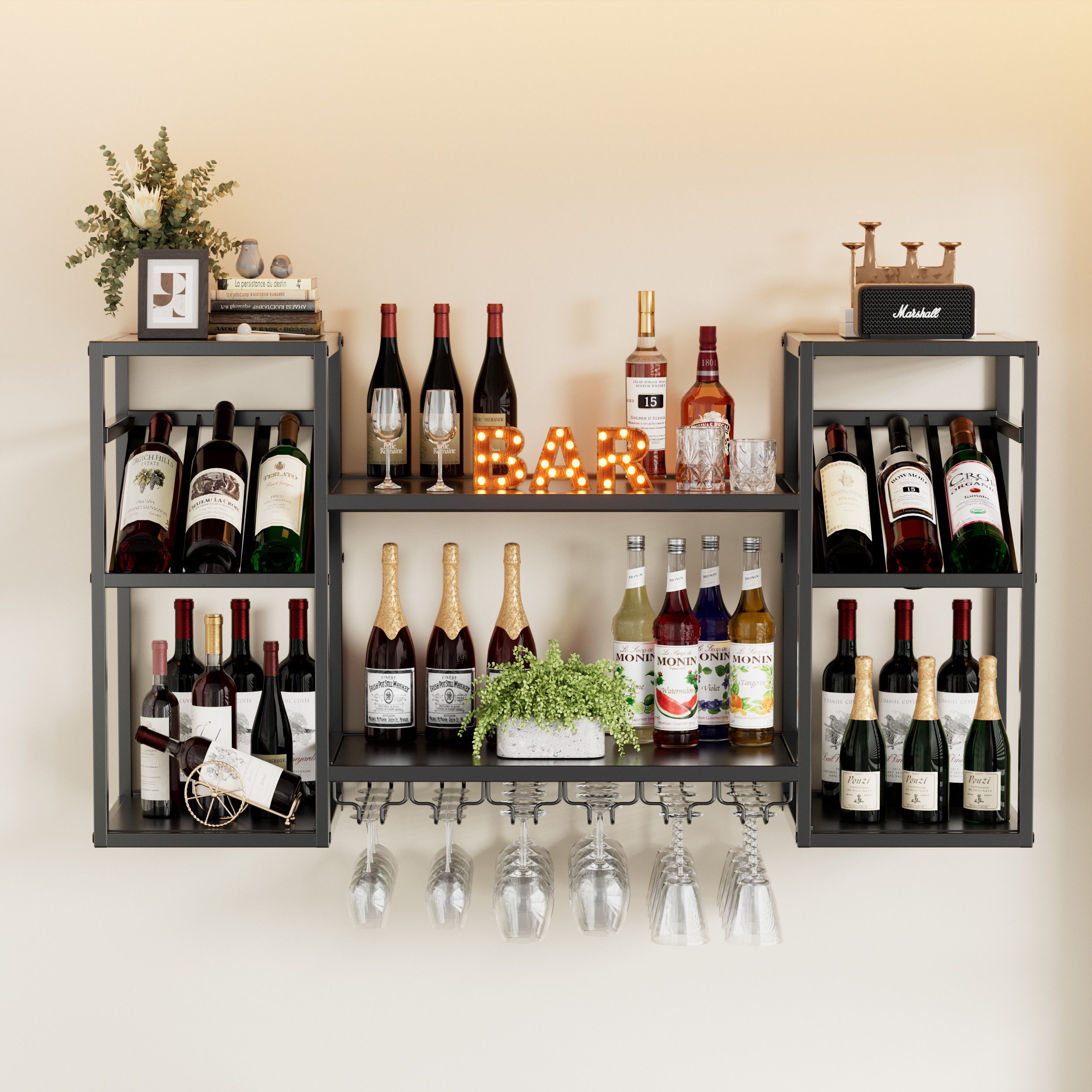 TWSOUL Weinregal Modernes Wand-Weinregal aus Metall mit 3 Ebenen und Glashalter, Modernes Weinregal für Küche, Hausbar & Esszimmer, Schwarz