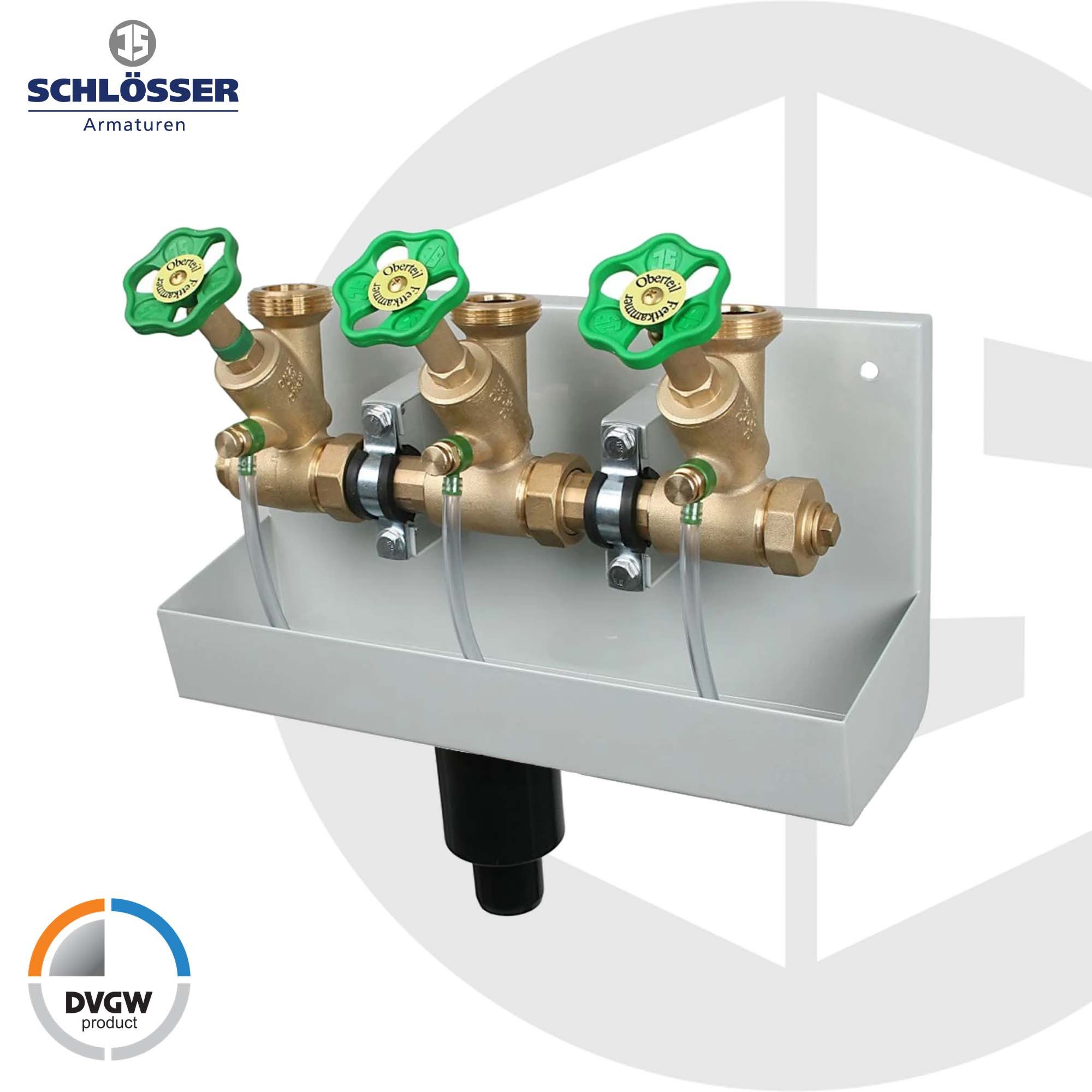 Schlösser Wasserrohr Kompakt-Verteilerstation DN 25/32, mit Ablaufrinne, DIN-DVGW, Messing, 3-Strang, Zulauf 1 Zoll, Zulassungen: DVGW für Trinkwasser