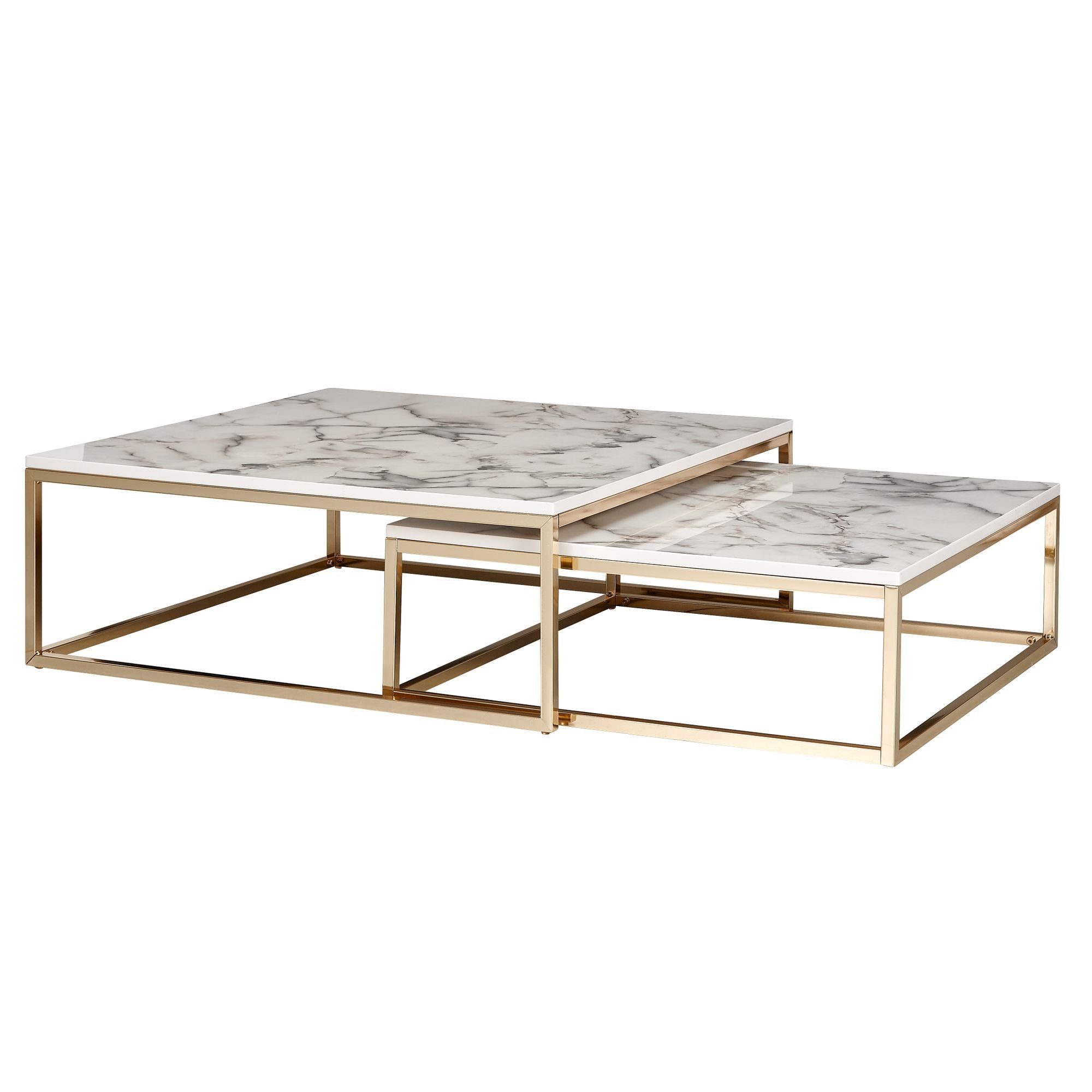 Set Couchtisch Moderne Edle Couchtisch Set Optik 2er Eckig, 2er möbelando Tischgestell Weiß Wohnzimmertische, Couchtische Satztische Marmor Metall Design Gold, Marmor Couchtisch Optik Eckig, Design 2-teilig Weiß