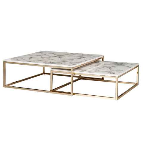 möbelando Couchtisch Design Couchtisch 2er Set Weiß Marmor Optik Eckig, Design Couchtisch 2er Set Weiß Marmor Optik Eckig, Couchtische 2-teilig Tischgestell Metall Gold, Edle Wohnzimmertische, Moderne Satztische