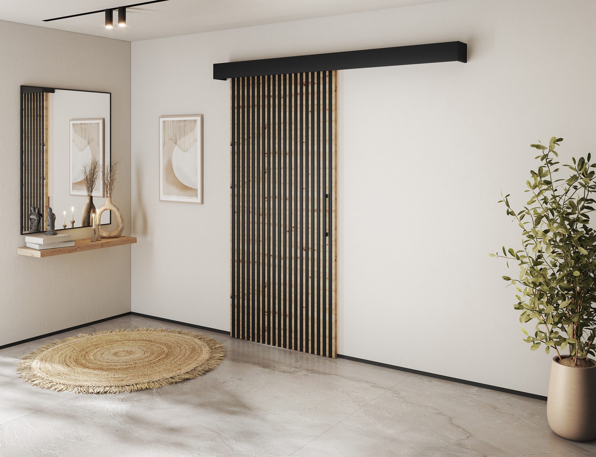 MOEBLO Schiebetür Celosia (mit/ohne Soft-Close-System Stilvoller Lamellen-Front mit feiner Struktur – bringt natürliche Tiefe und moderne Eleganz in Ihr Zuhause, Schwebetürenschrank 2-türig Schrank Garderobe Schiebtüren Schlafzimmer, Celosia), (BxHxT): 96×205×1,6 cm - Soft-Close optional