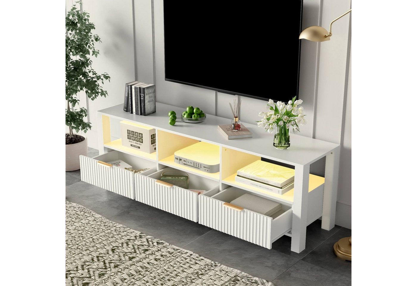 Furnishings Home TV-Schrank Weißer Schrank mit LED-Leuchten und 3 Fächern u günstig online kaufen