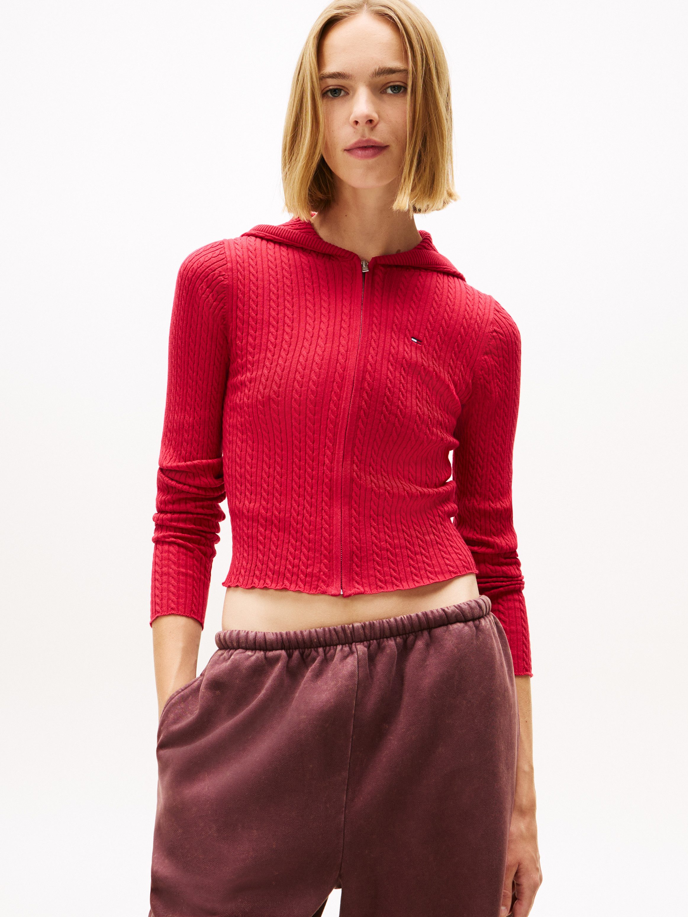 Tommy Jeans Strickjacke TJW ESSENTIAL ZIPPER HOOD CARDI mit Zopfstrickmuste günstig online kaufen