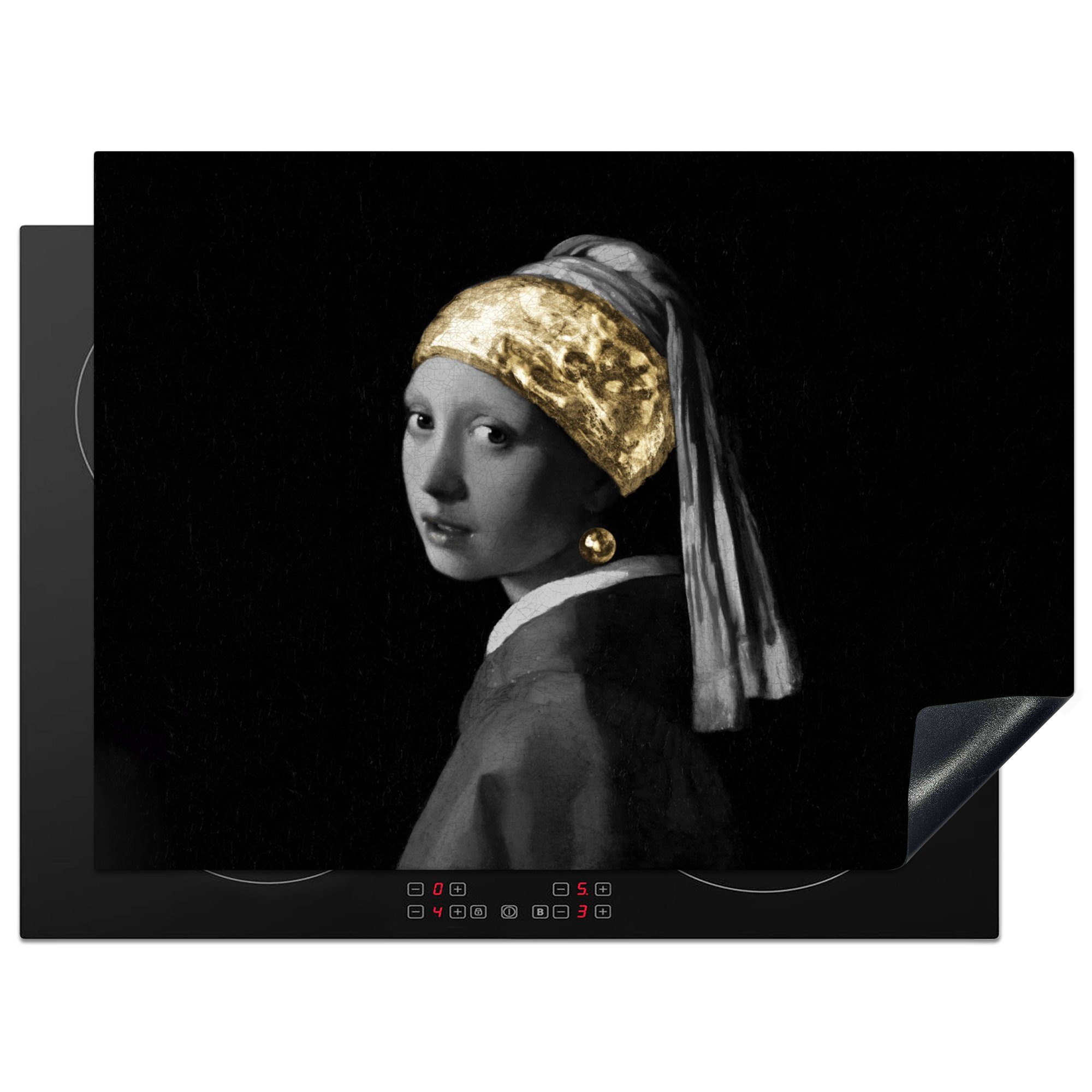 MuchoWow Herdblende-/Abdeckplatte Mädchen mit Perlenohrring - Vermeer - Stirnband - Gold, Vinyl, (1 tlg), 71x52 cm, Induktionskochfeld Schutz für die küche, Ceranfeldabdeckung