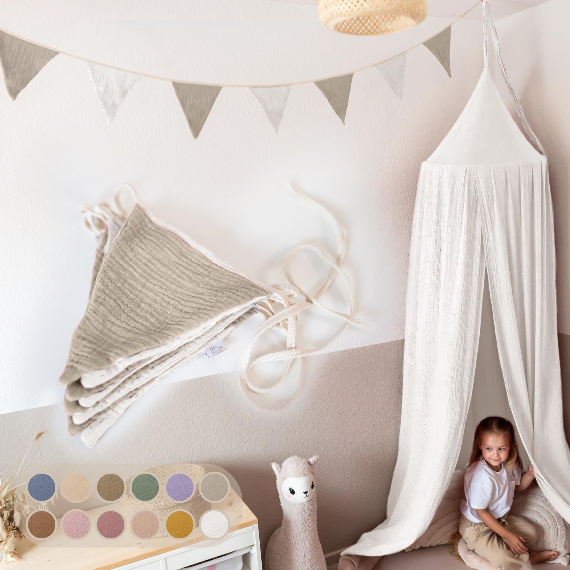 lilimaus Wimpelkette Handgemachte Wimpelkette für Kinderzimmer aus Musselin-Baumwolle, Stilvolle Girlande aus Baumwolle - Perfekt für Kinderzimmer Deko