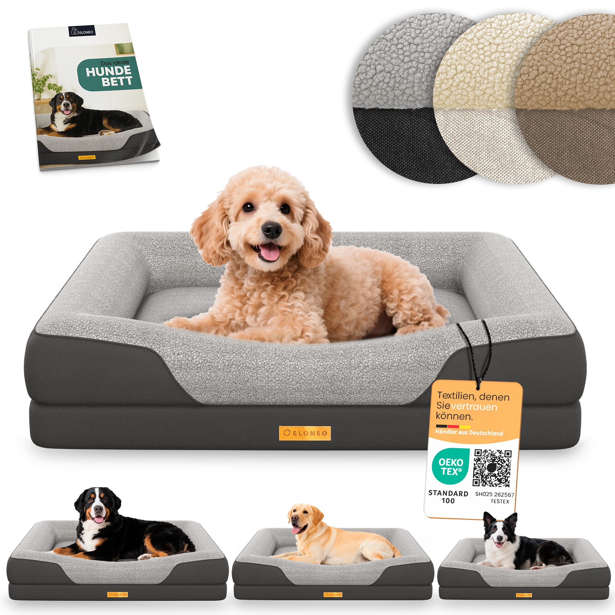 ELONEO Hundebett ELONEO - Orthopädisches Premium Hundebett, gelenkschonend, waschbar, Aus kuscheligem Sherpa-Fleece und strapazierfähigem Sofastoff