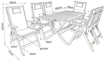 KONIFERA Garten-Essgruppe Salvador, (Set, 13-tlg., 6x Stuhl, 1x Tisch 160x90x74 cm, inkl. Auflagen, Stühle sind klappbar), zertifiziertes Eukalyptus, Rückenlehne ist 5-fach verstellbar