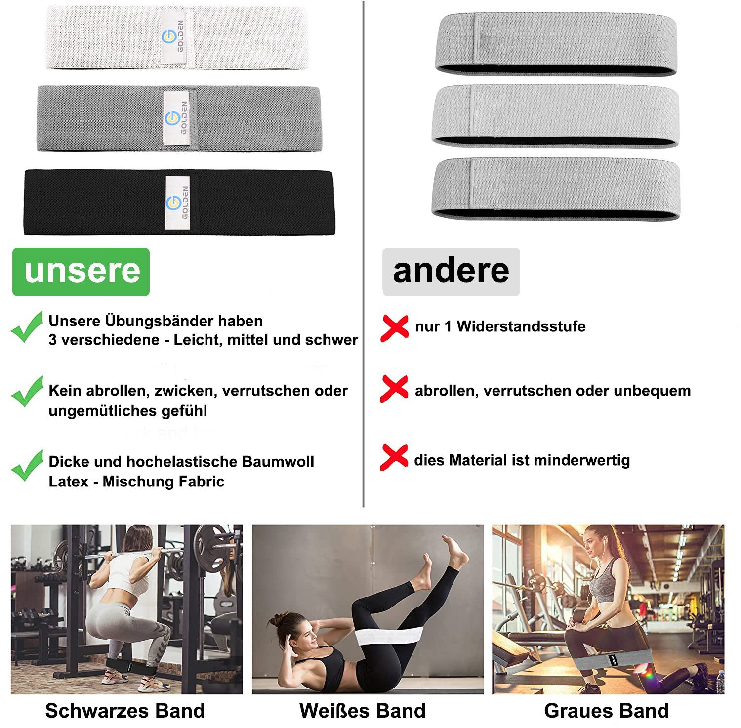 GOLDEN Trainingsbänder Fitnessband Hüftbänder Übungsband Sportband Widerstandsbänder Training