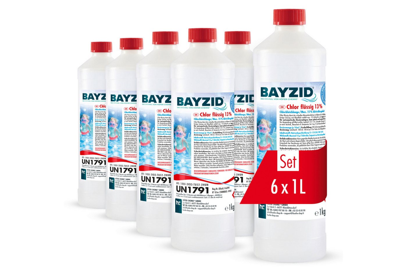 Höfer Chemie GmbH Poolpflege 6x 1 kg BAYZID® Chlor 13% flüssig für Pools, Zuverlässige Desinfektion für sauberes und hygienisches Poolwasser