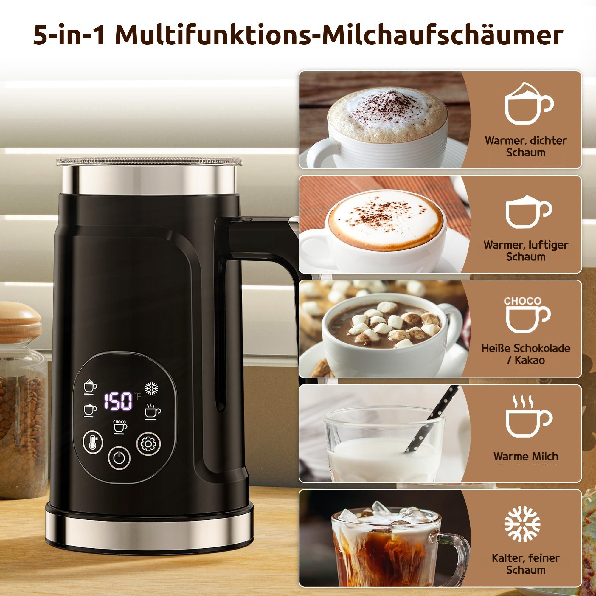Tekoo Milchaufschäumer Elektrischer Milchaufschäumer 5-in-1, LCD-Display, Temperaturregelung, 500 W, LCD-Touch-Display, 3 Temperaturstufen, Antihaftbeschichtung