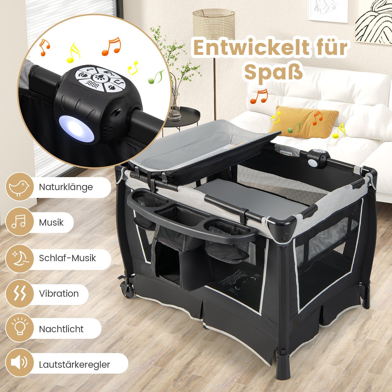 COSTWAY Baby-Reisebett, faltbar mit Spielbügel & Musikbox