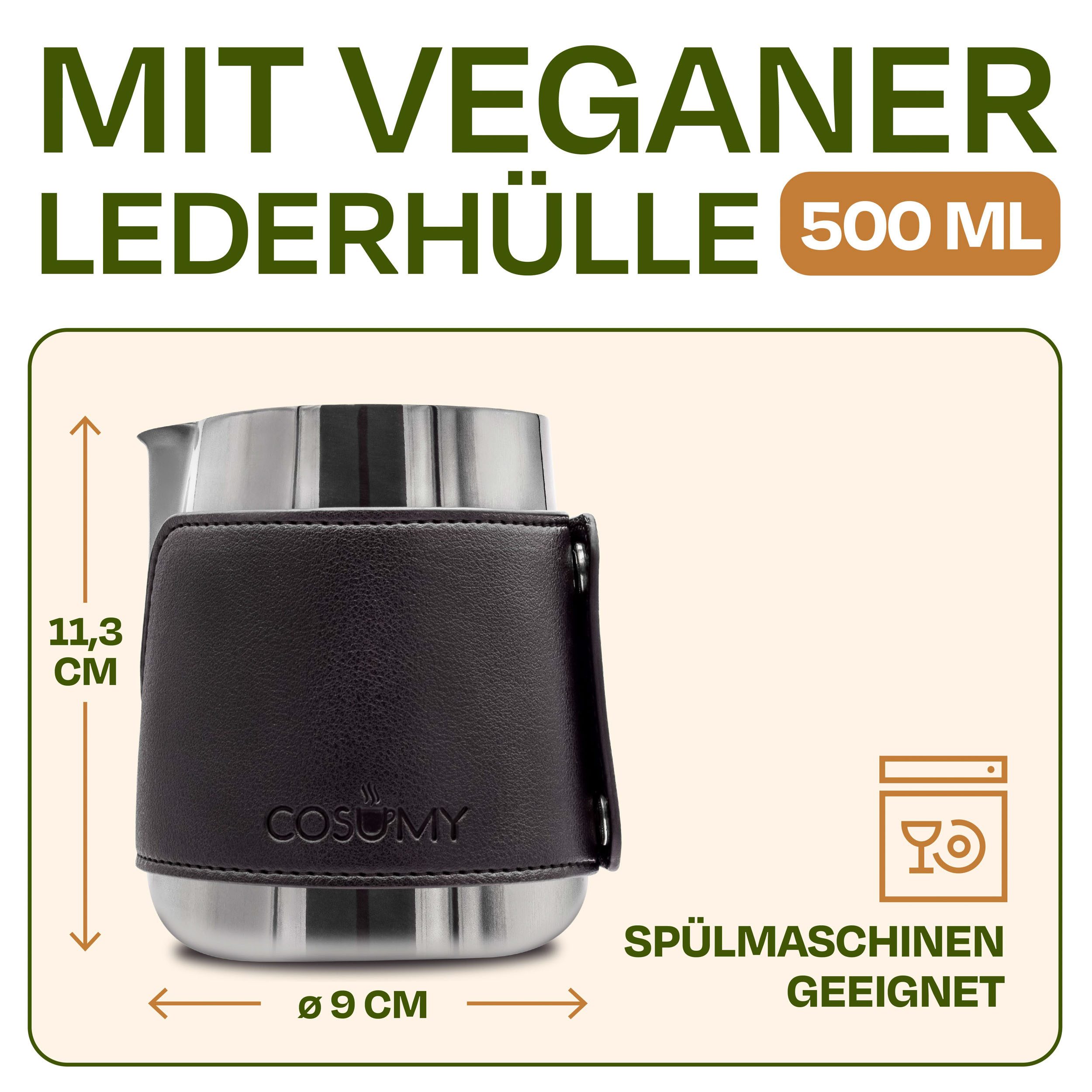 Cosumy Milchkännchen Barista Milchkännchen Edelstahl 500ml mit Lederhülle, 500 l, (Set, 1-St), Griffloses Design - Messskala im Inneren